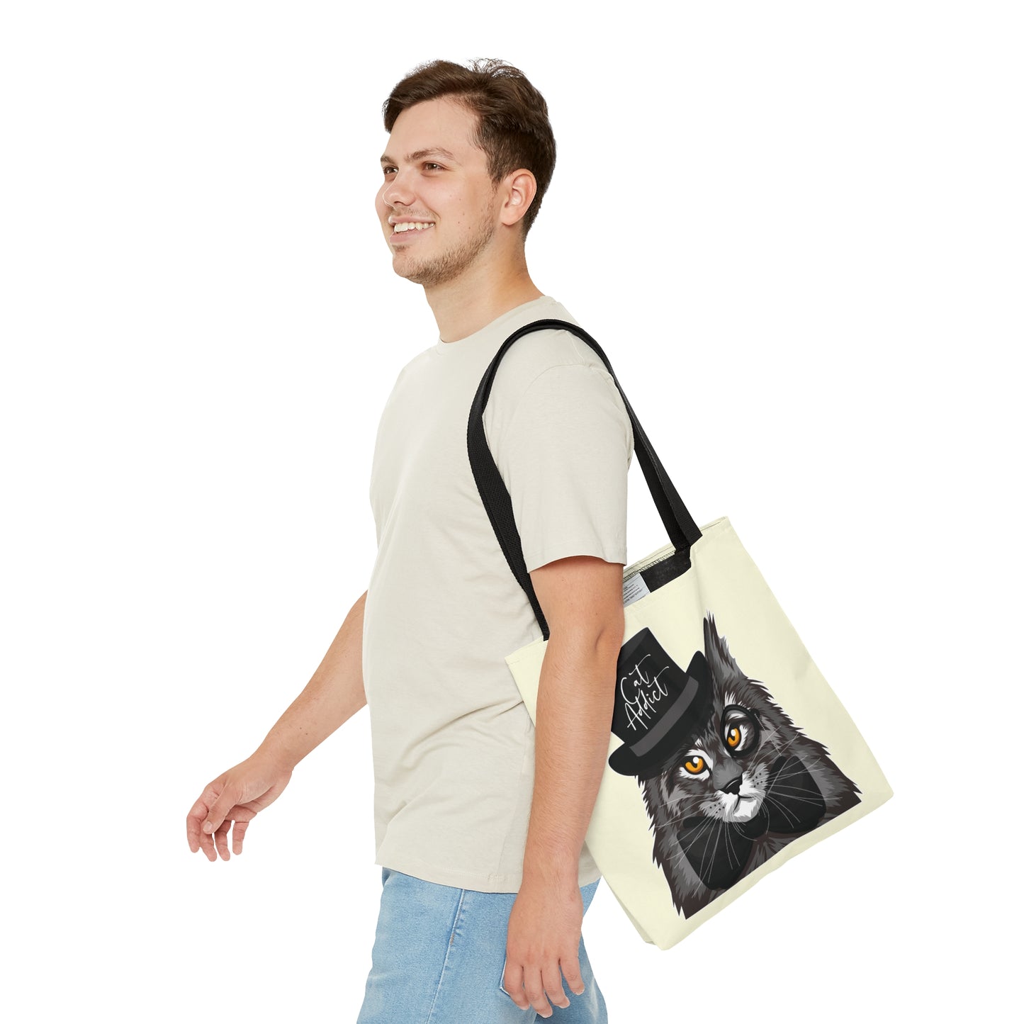 Cream Tote bag with a Maine Coon cat illustration and the text "Cat Addict."