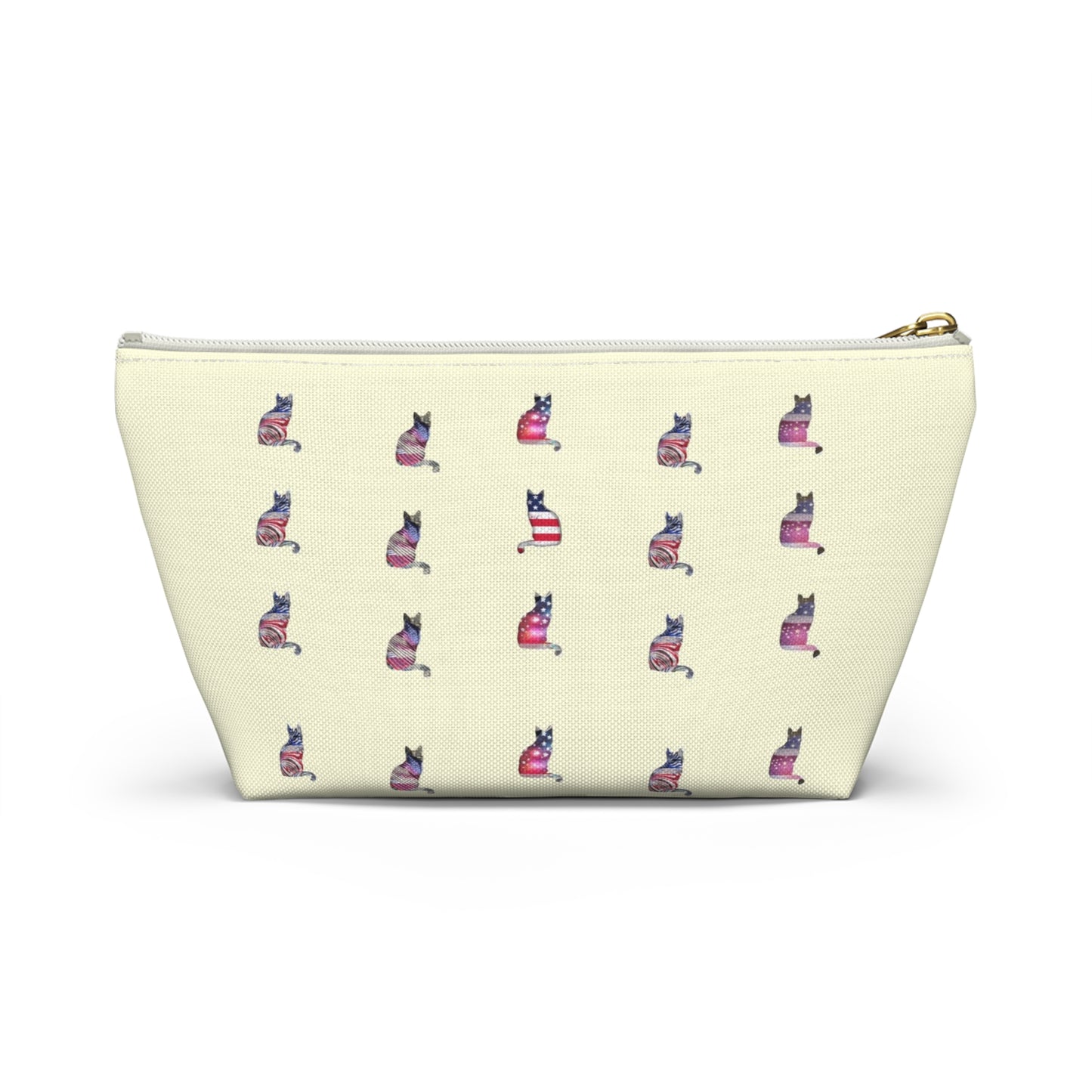 Cream color zipped accessory bag for organising makeup, cosmetics, travel essentials, toiltries, pencil case with 'LOVE' text and cat graphics in the colors of the American flag.