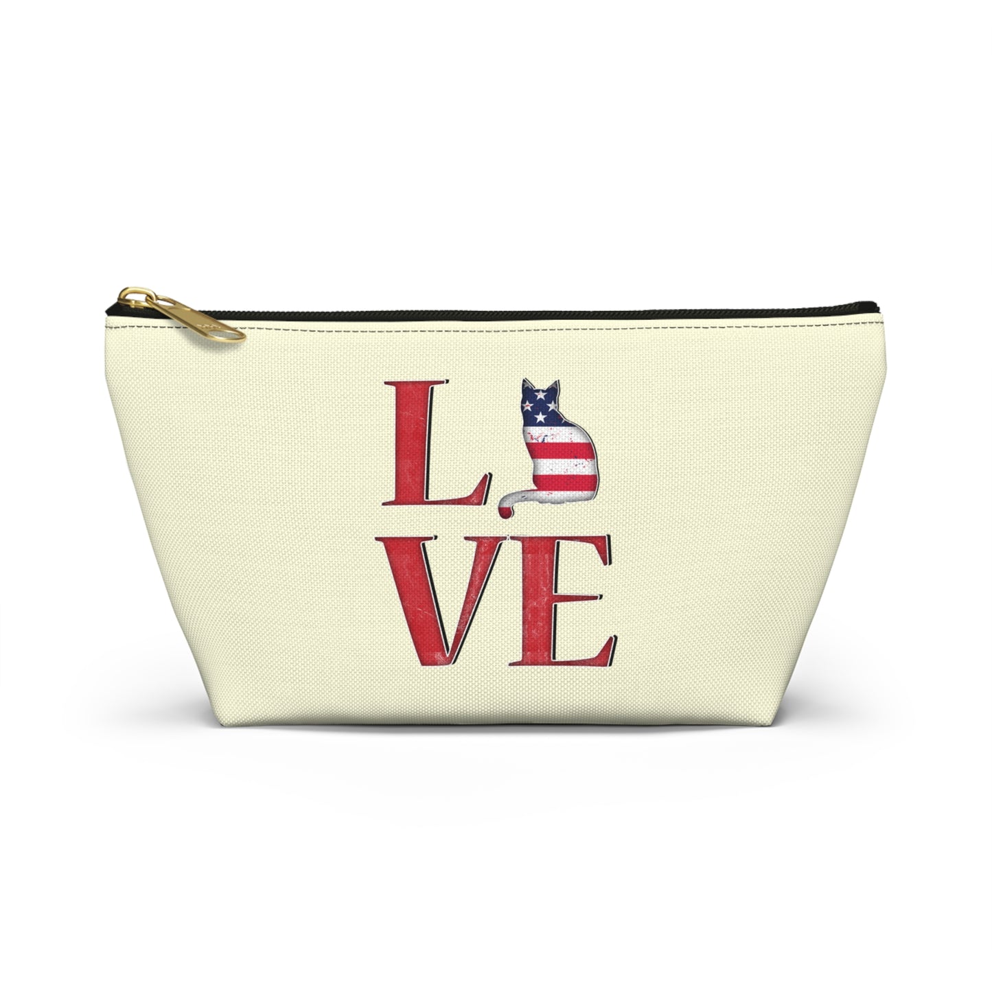 Cream color zipped accessory bag for organising makeup, cosmetics, travel essentials, toiltries, pencil case with 'LOVE' text and cat graphics in the colors of the American flag.
