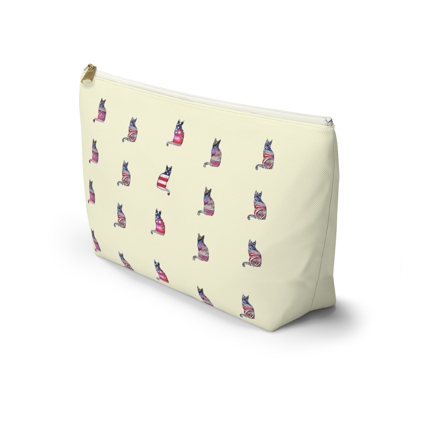 Cream color zipped accessory bag for organising makeup, cosmetics, travel essentials, toiltries, pencil case with 'LOVE' text and cat graphics in the colors of the American flag.