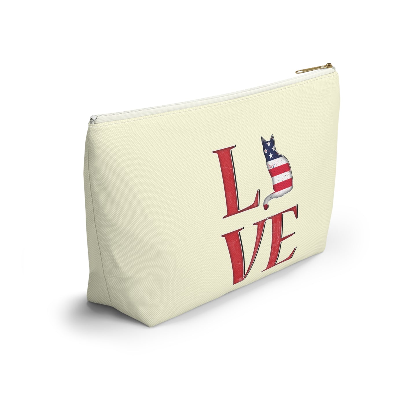 Cream color zipped accessory bag for organising makeup, cosmetics, travel essentials, toiltries, pencil case with 'LOVE' text and cat graphics in the colors of the American flag.