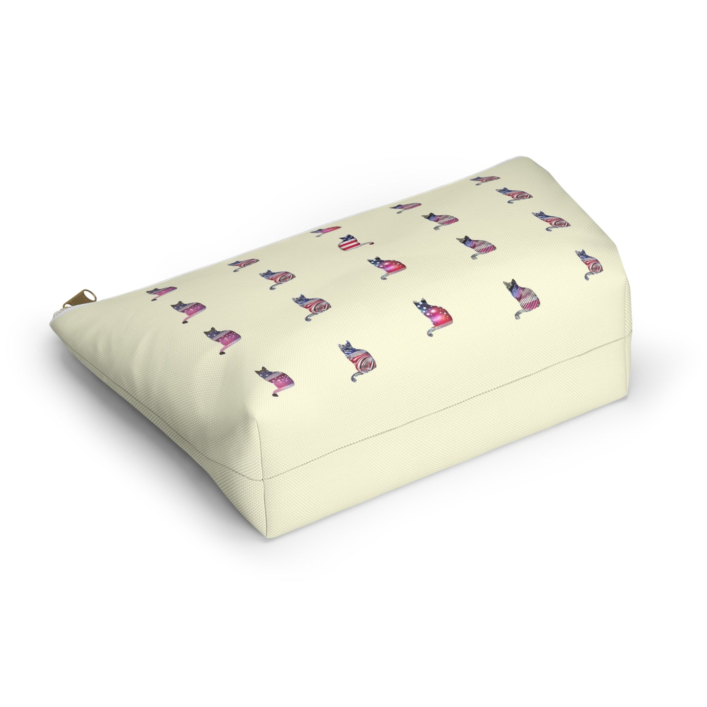 Cream color zipped accessory bag for organising makeup, cosmetics, travel essentials, toiltries, pencil case with 'LOVE' text and cat graphics in the colors of the American flag.