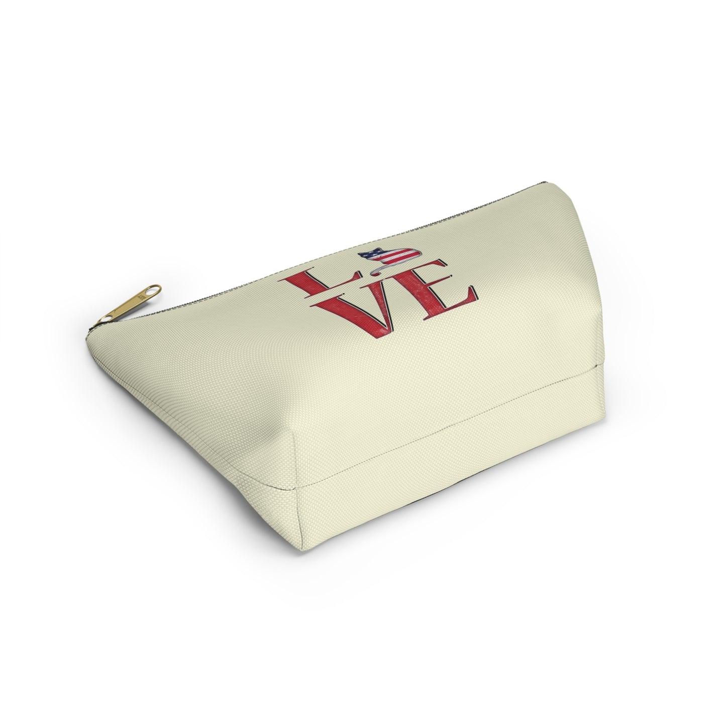 Cream color zipped accessory bag for organising makeup, cosmetics, travel essentials, toiltries, pencil case with 'LOVE' text and cat graphics in the colors of the American flag.