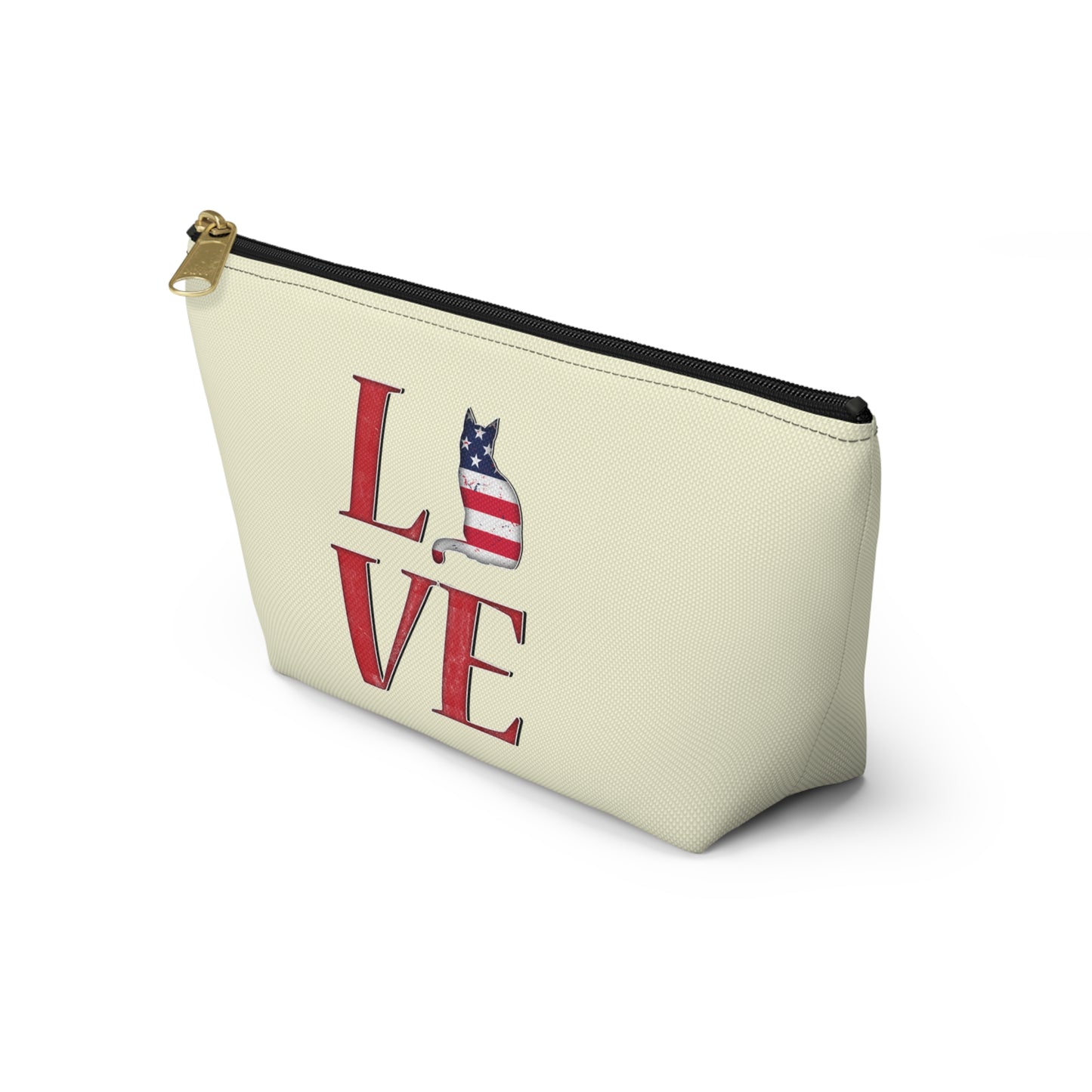 Cream color zipped accessory bag for organising makeup, cosmetics, travel essentials, toiltries, pencil case with 'LOVE' text and cat graphics in the colors of the American flag.