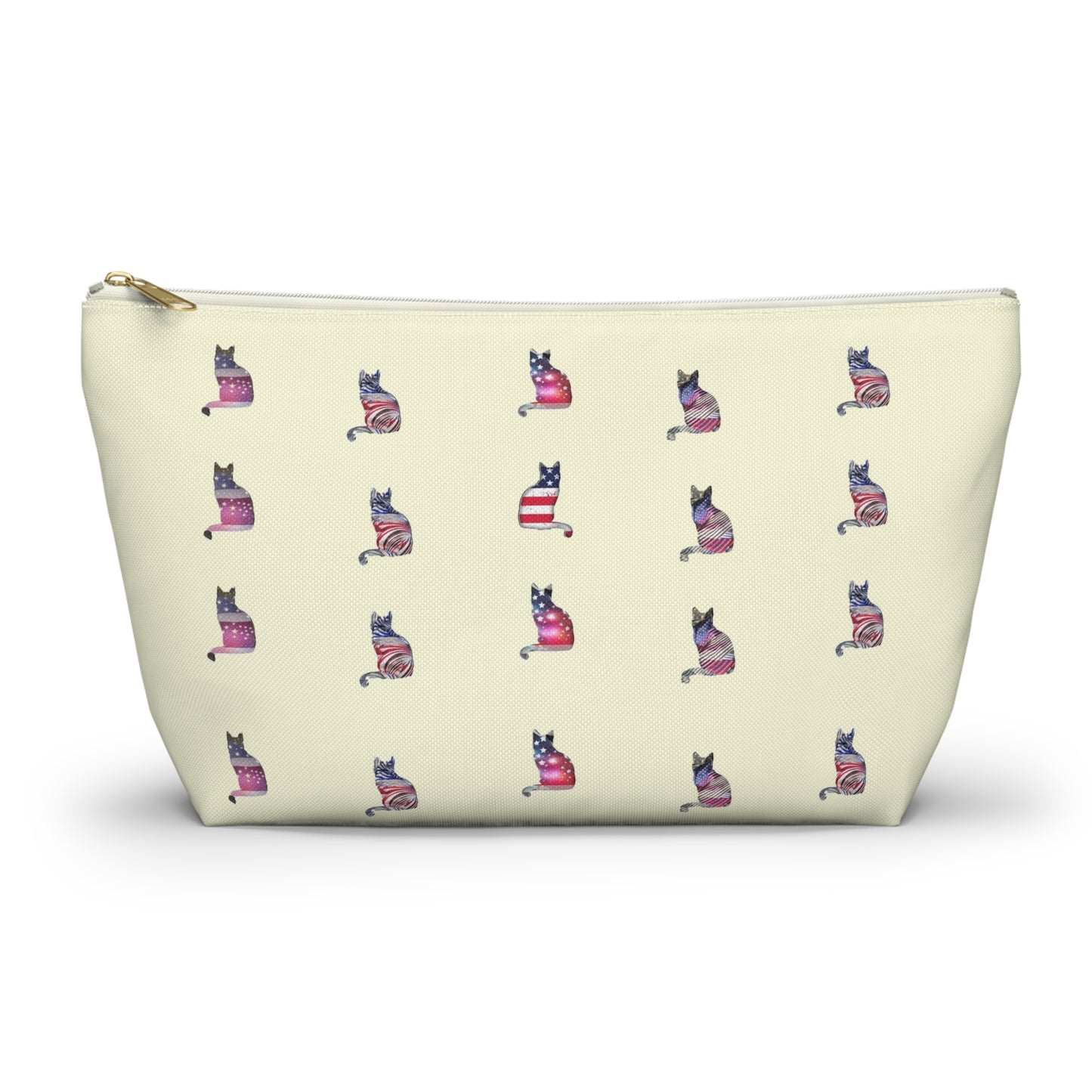 Cream color zipped accessory bag for organising makeup, cosmetics, travel essentials, toiltries, pencil case with 'LOVE' text and cat graphics in the colors of the American flag.