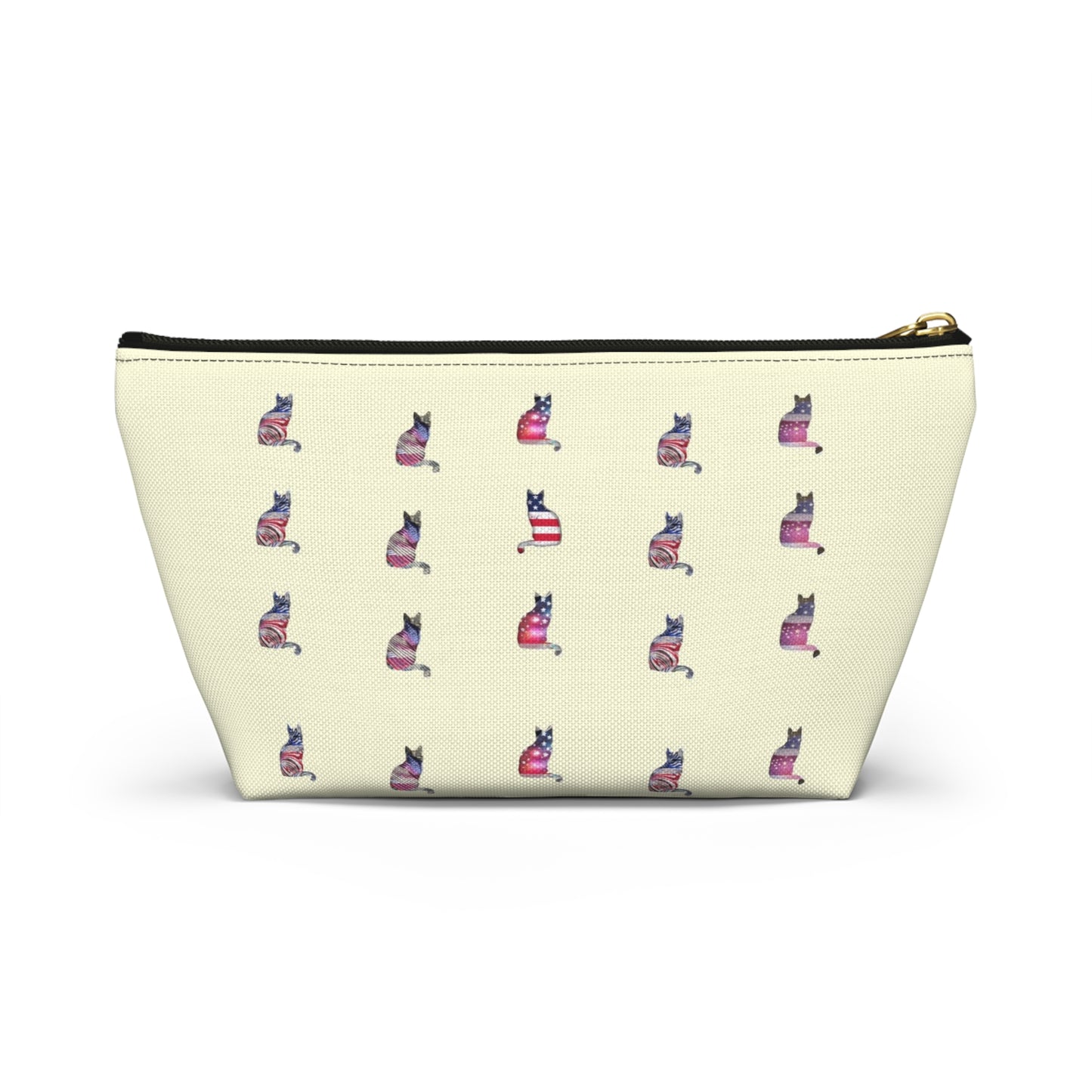 Cream color zipped accessory bag for organising makeup, cosmetics, travel essentials, toiltries, pencil case with 'LOVE' text and cat graphics in the colors of the American flag.