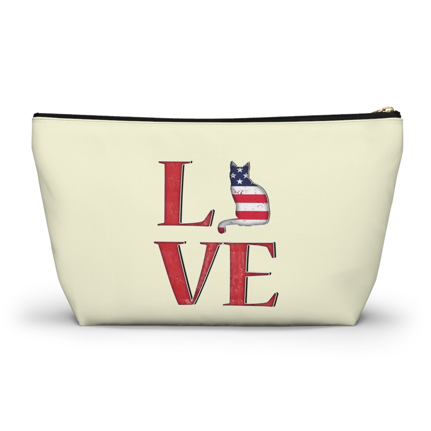 Cream color zipped accessory bag for organising makeup, cosmetics, travel essentials, toiltries, pencil case with 'LOVE' text and cat graphics in the colors of the American flag.