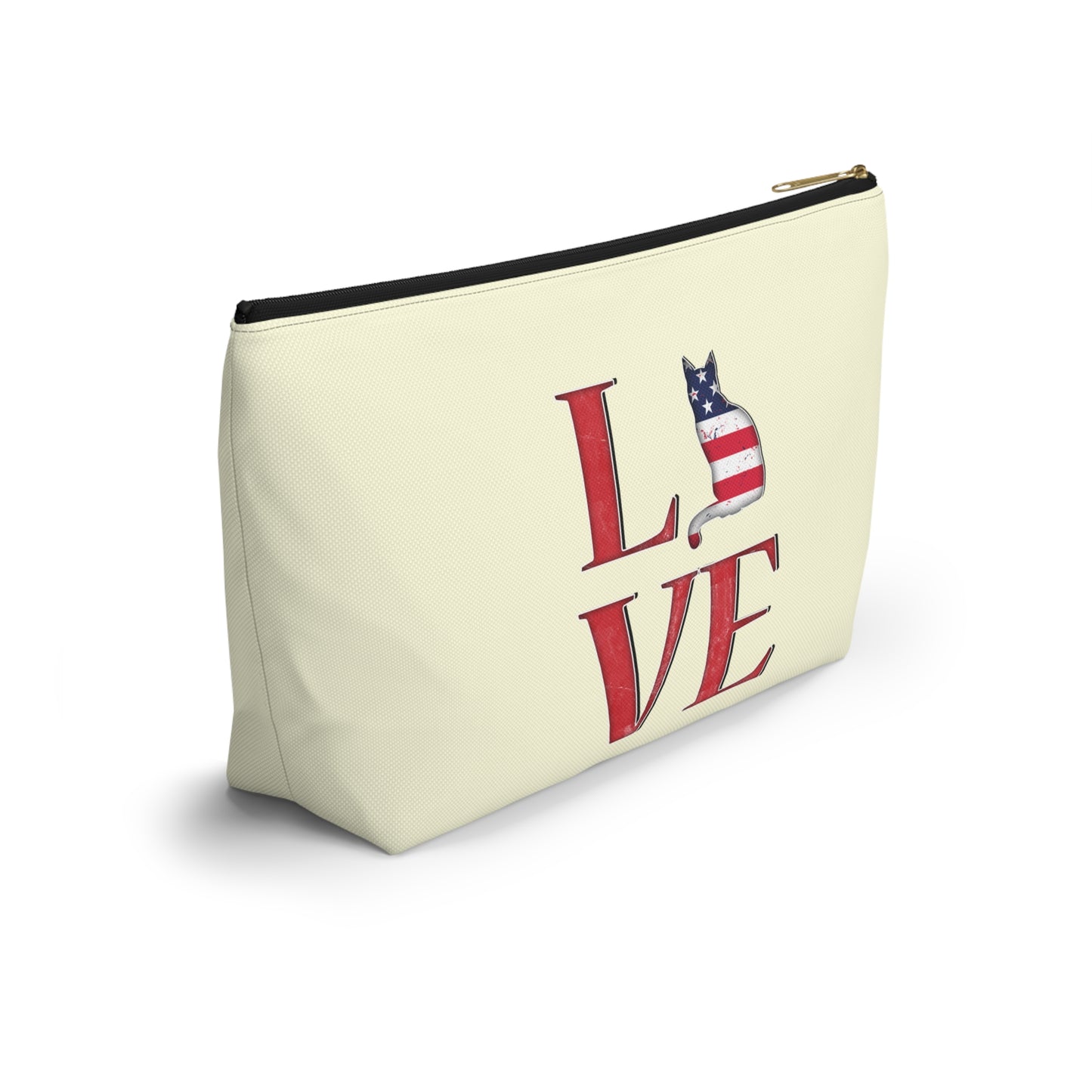 Cream color zipped accessory bag for organising makeup, cosmetics, travel essentials, toiltries, pencil case with 'LOVE' text and cat graphics in the colors of the American flag.
