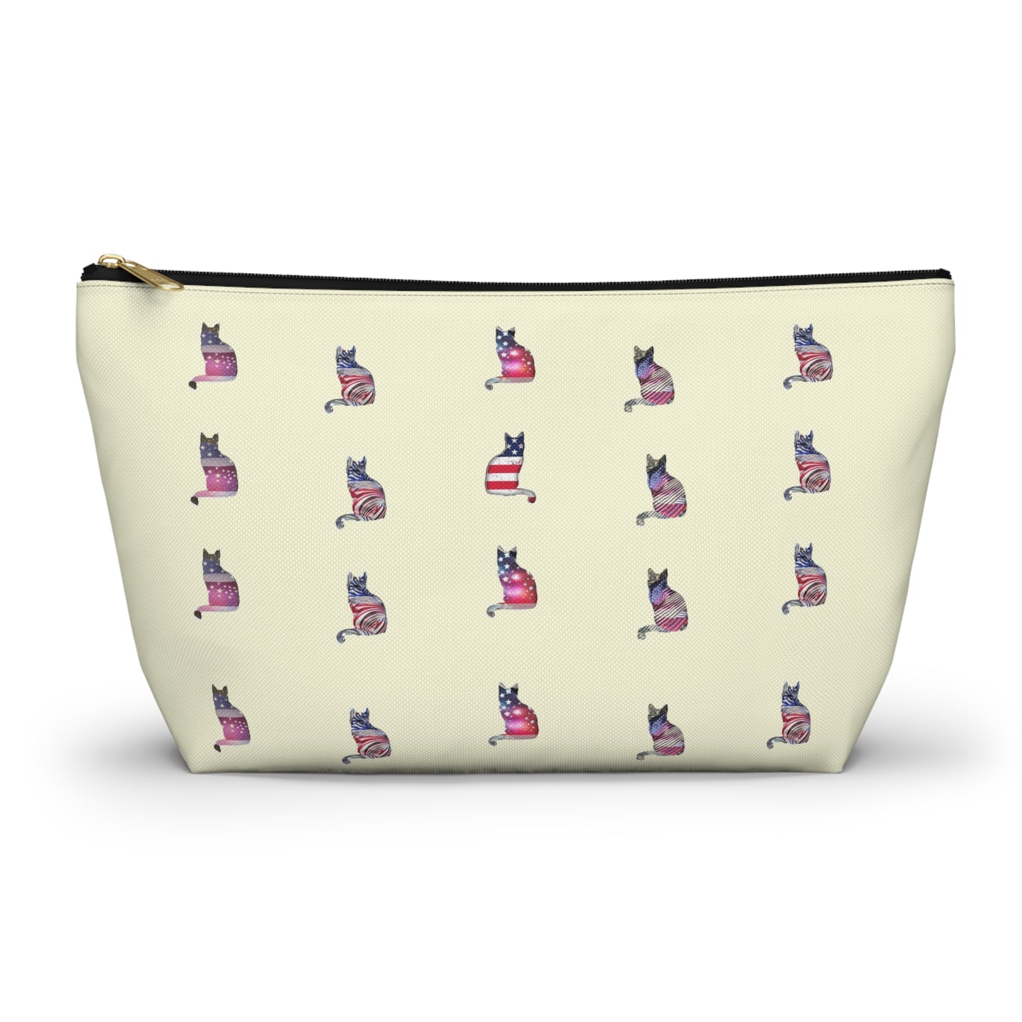 Cream color zipped accessory bag for organising makeup, cosmetics, travel essentials, toiltries, pencil case with 'LOVE' text and cat graphics in the colors of the American flag.