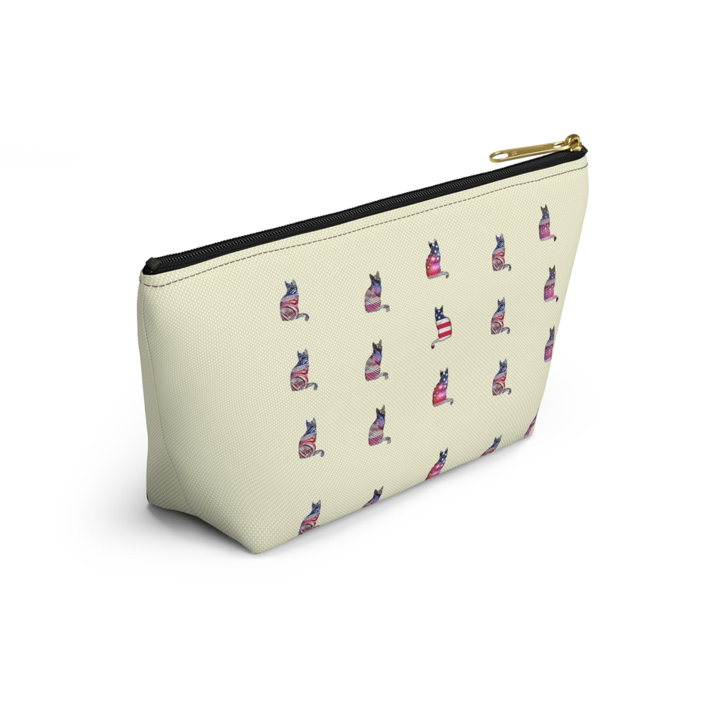 Cream color zipped accessory bag for organising makeup, cosmetics, travel essentials, toiltries, pencil case with 'LOVE' text and cat graphics in the colors of the American flag.