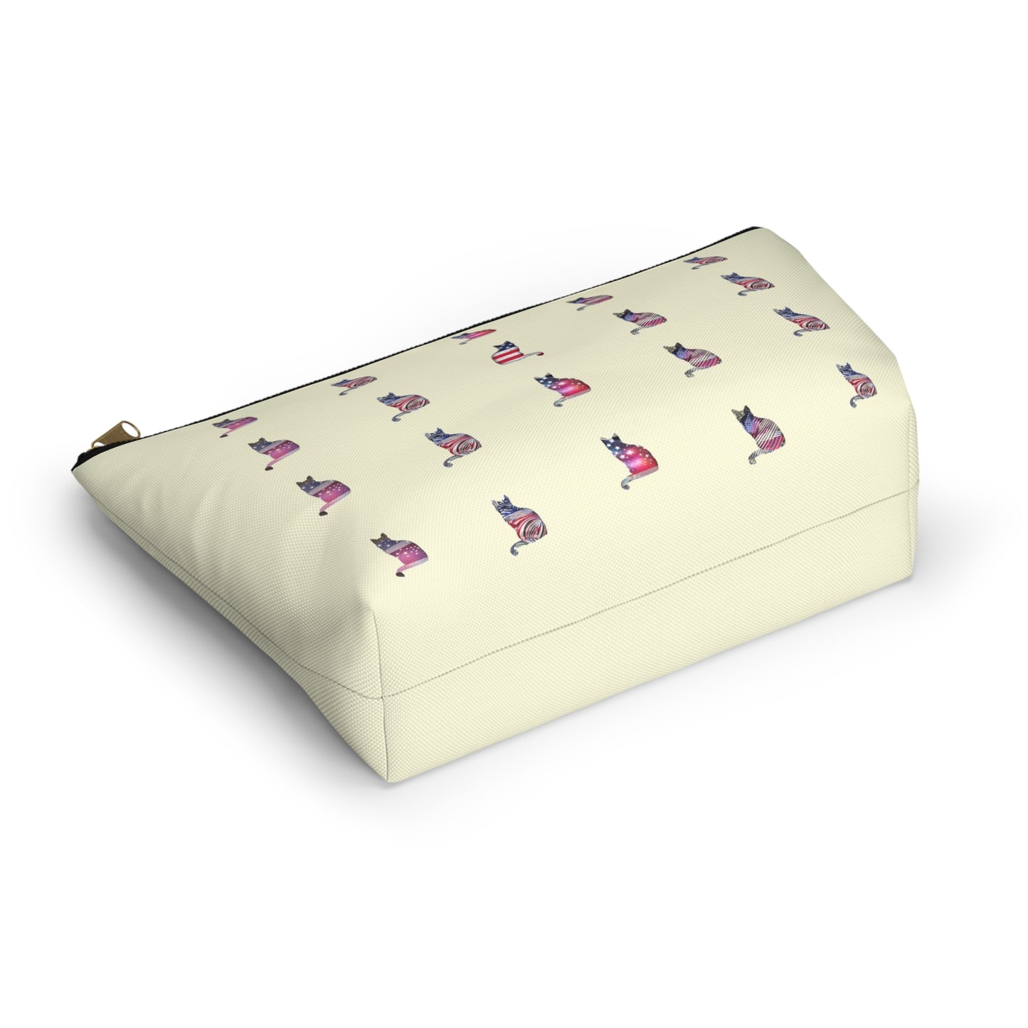Cream color zipped accessory bag for organising makeup, cosmetics, travel essentials, toiltries, pencil case with 'LOVE' text and cat graphics in the colors of the American flag.