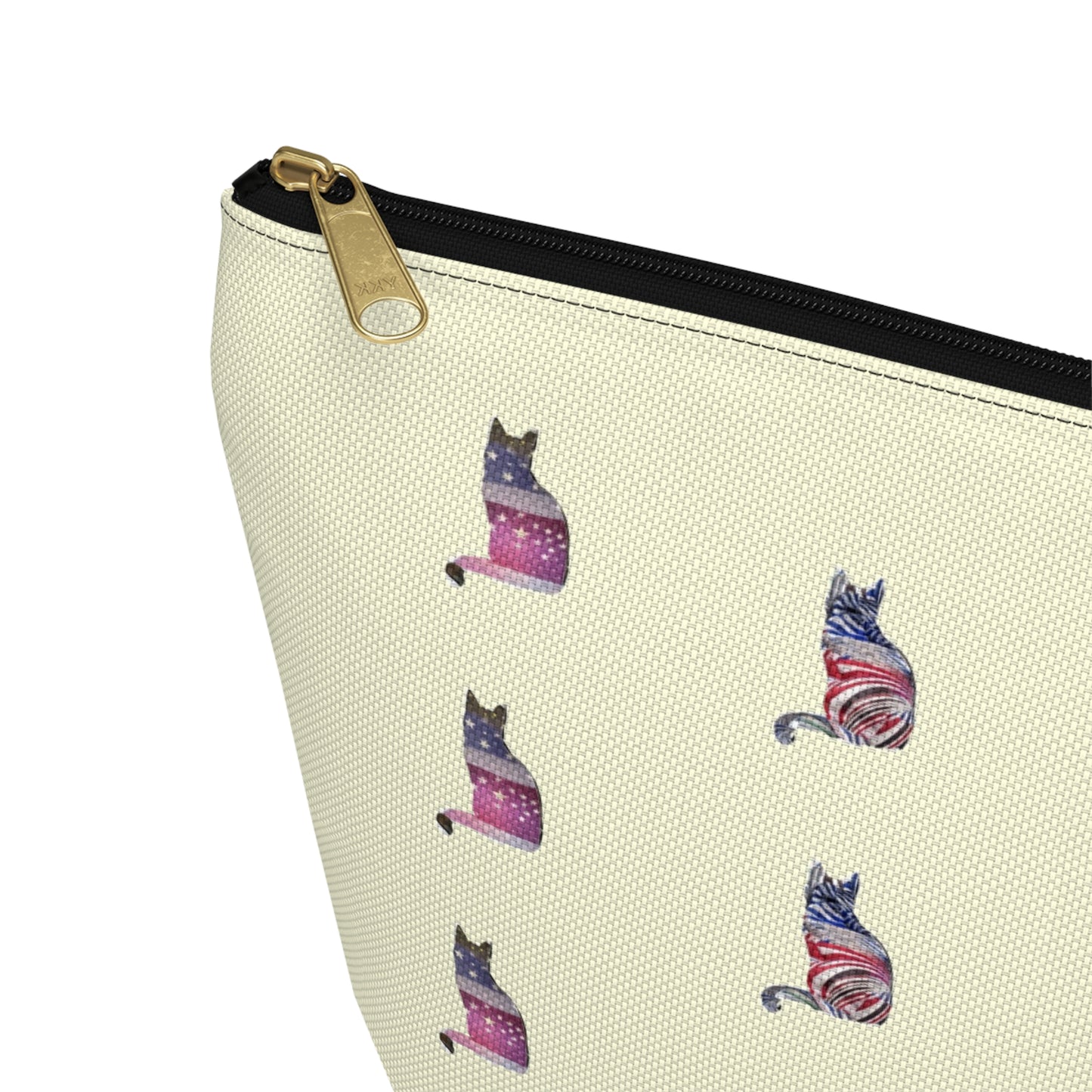 Cream color zipped accessory bag for organising makeup, cosmetics, travel essentials, toiltries, pencil case with 'LOVE' text and cat graphics in the colors of the American flag.
