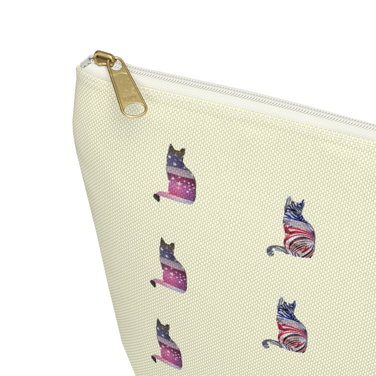 Cream color zipped accessory bag for organising makeup, cosmetics, travel essentials, toiltries, pencil case with 'LOVE' text and cat graphics in the colors of the American flag.