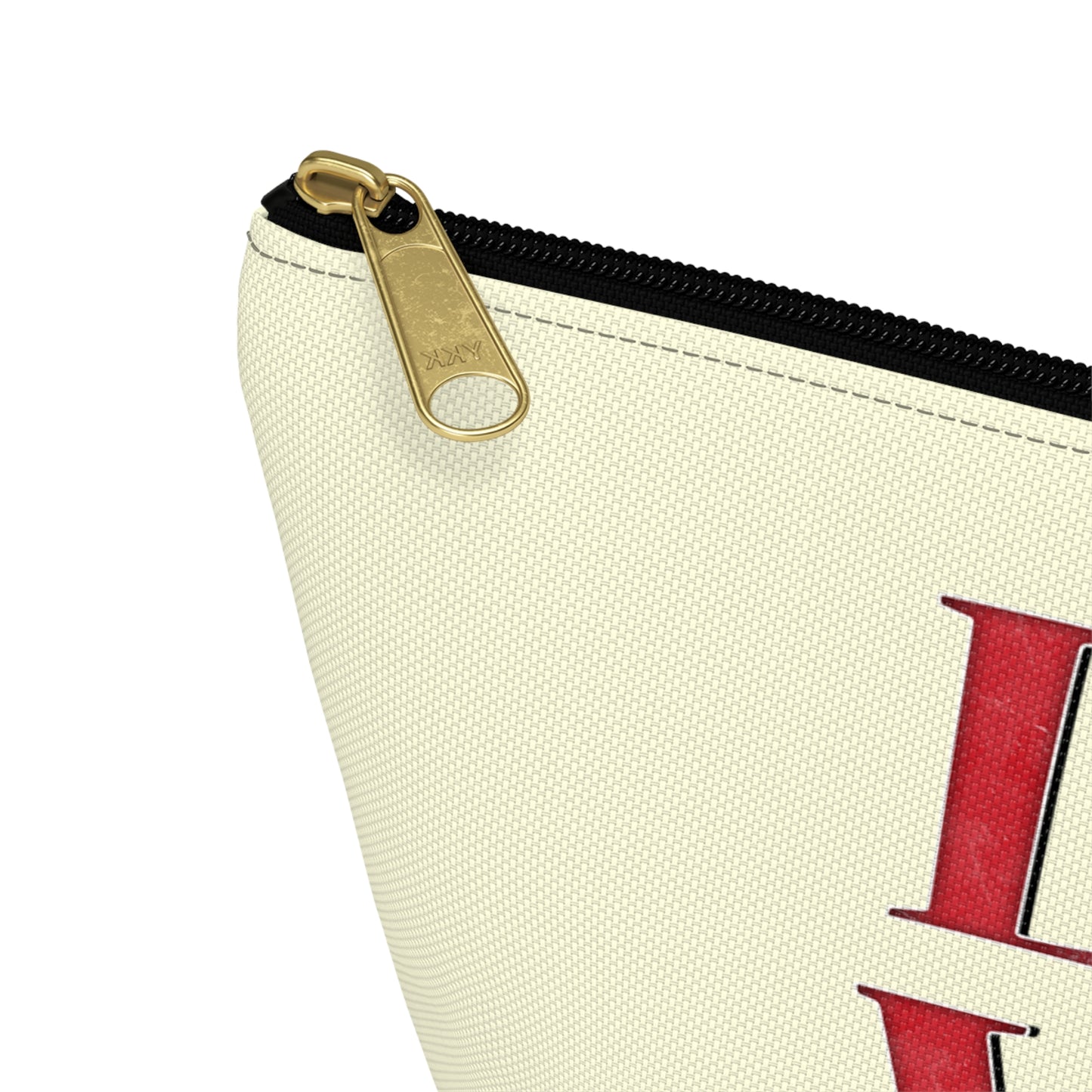 Cream color zipped accessory bag for organising makeup, cosmetics, travel essentials, toiltries, pencil case with 'LOVE' text and cat graphics in the colors of the American flag.