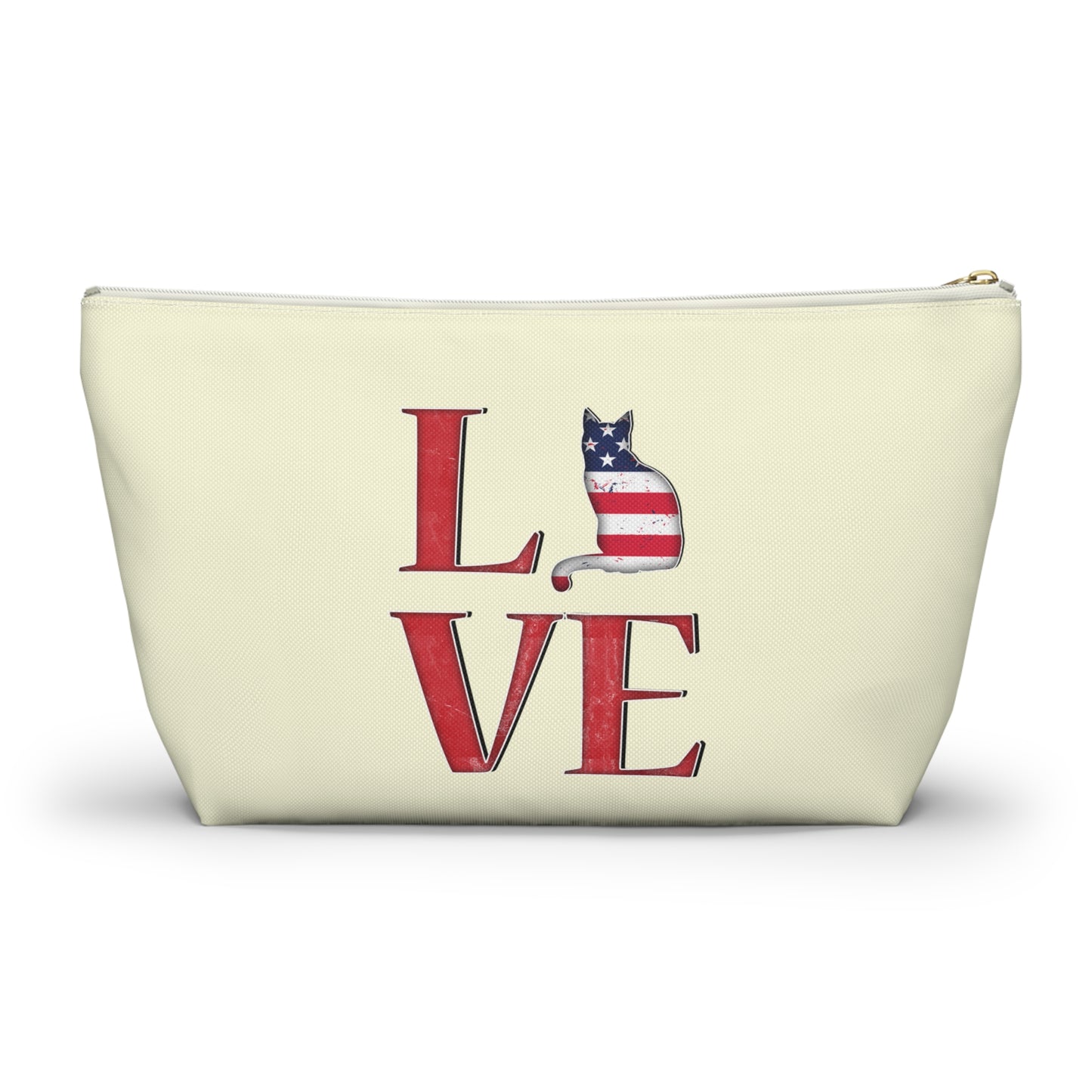 Cream color zipped accessory bag for organising makeup, cosmetics, travel essentials, toiltries, pencil case with 'LOVE' text and cat graphics in the colors of the American flag.