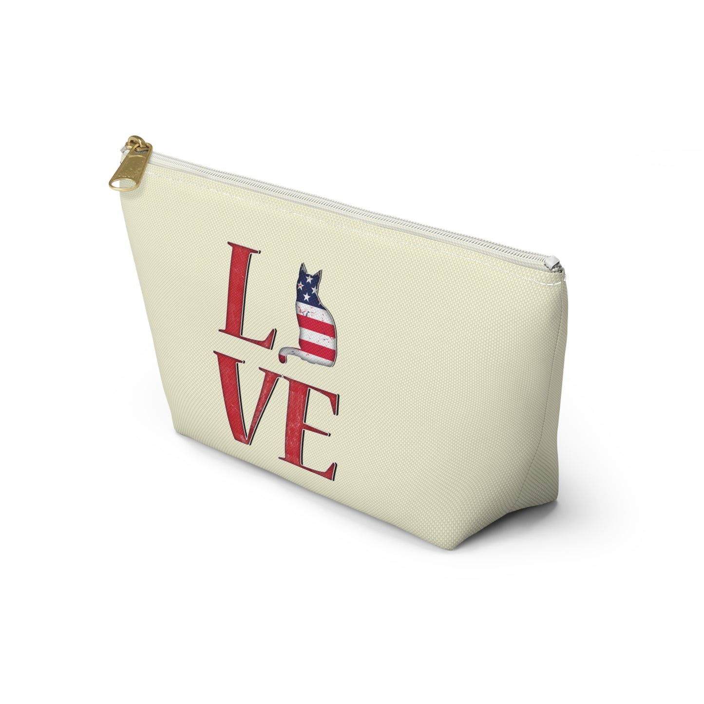 Cream color zipped accessory bag for organising makeup, cosmetics, travel essentials, toiltries, pencil case with 'LOVE' text and cat graphics in the colors of the American flag.