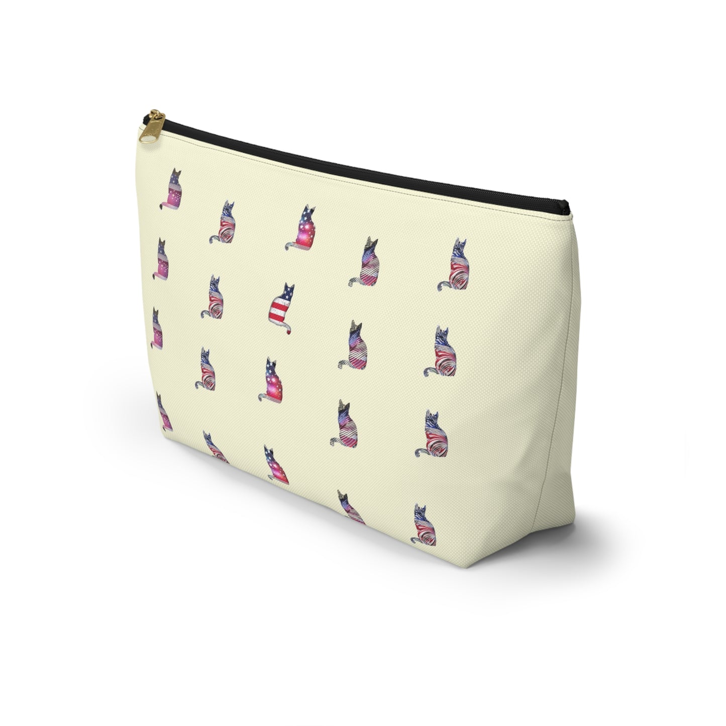 Cream color zipped accessory bag for organising makeup, cosmetics, travel essentials, toiltries, pencil case with 'LOVE' text and cat graphics in the colors of the American flag.