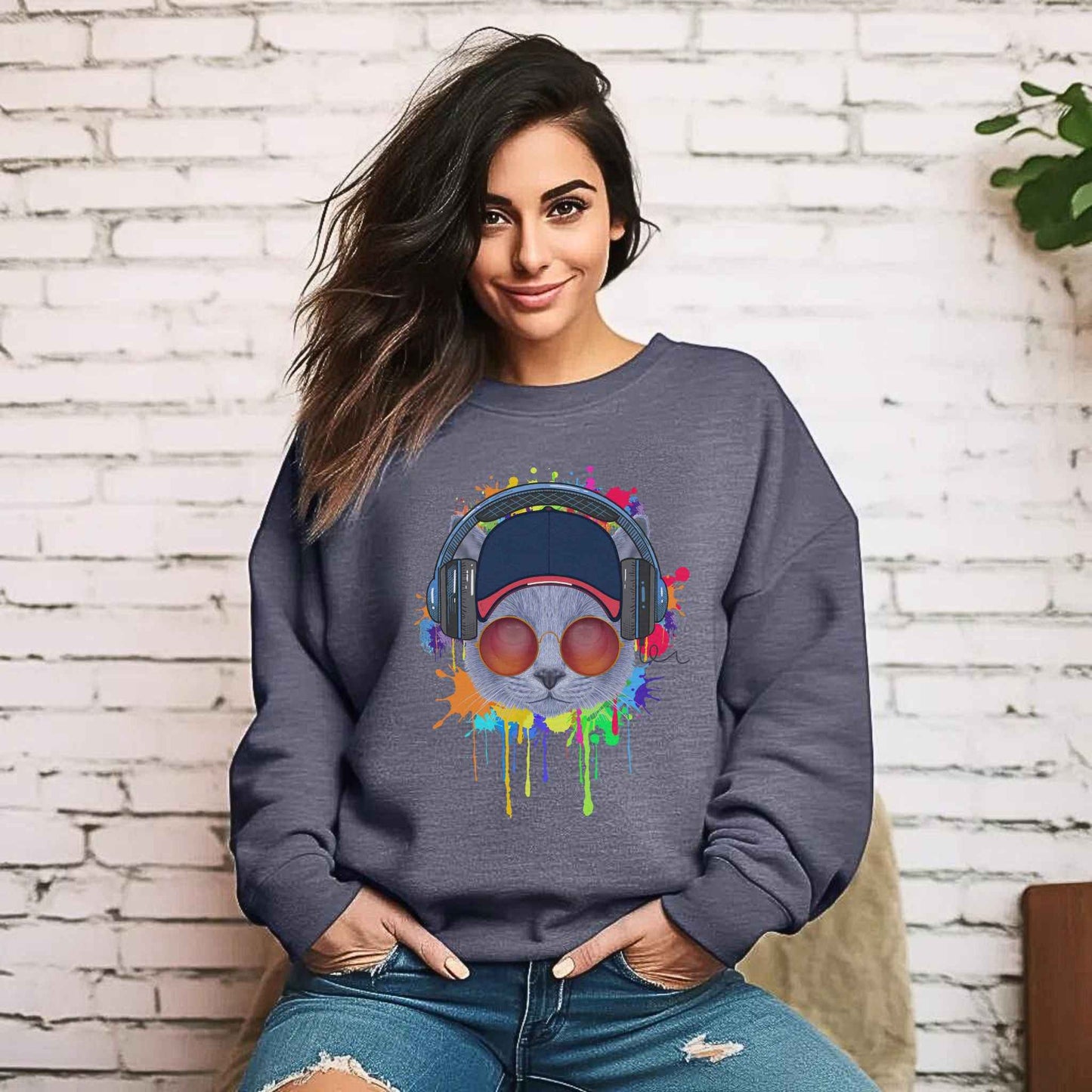 Dark Heather Lost In Music Cat Themed Crewneck Unisex Sweatshirt