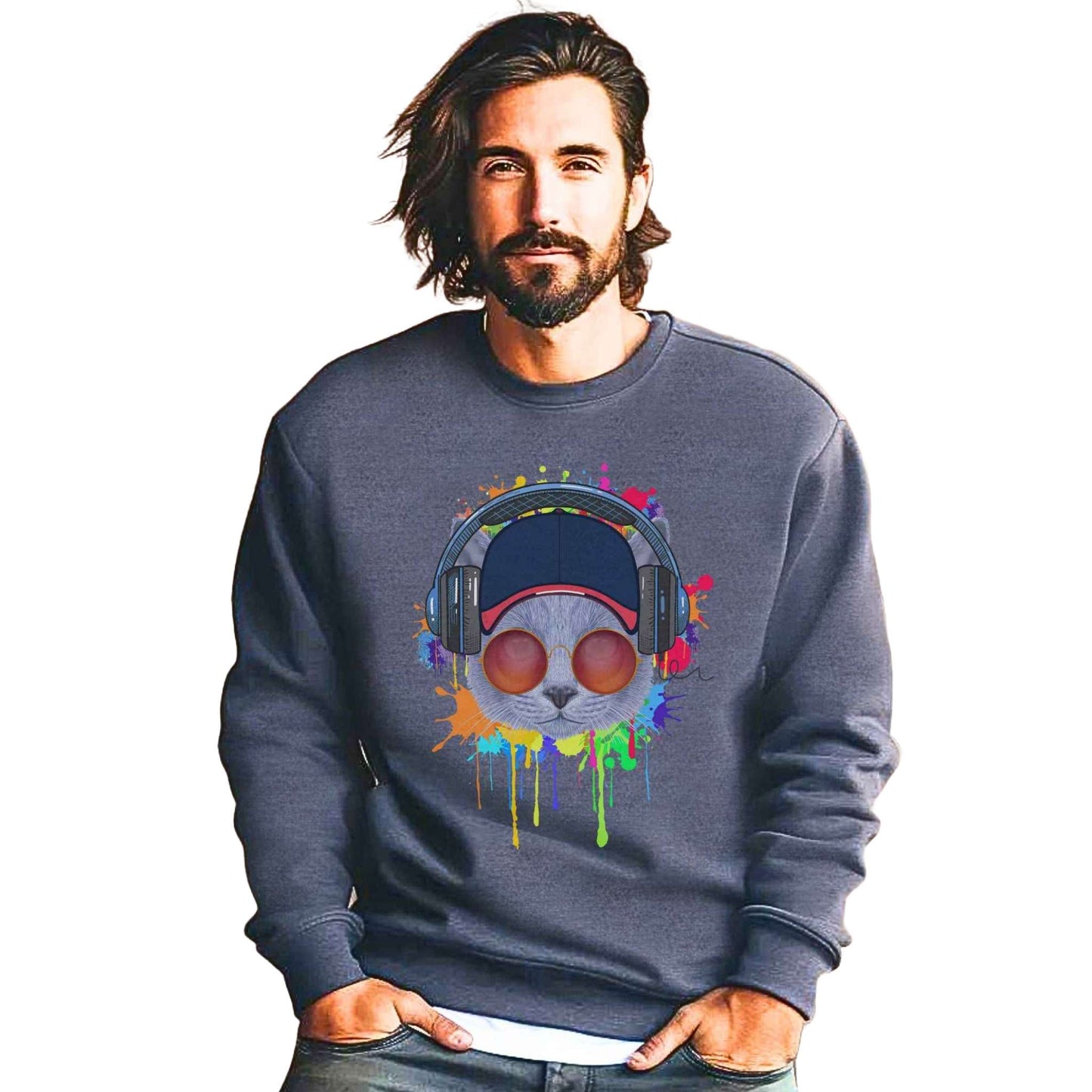 Dark Heather Lost In Music Cat Themed Crewneck Unisex Sweatshirt