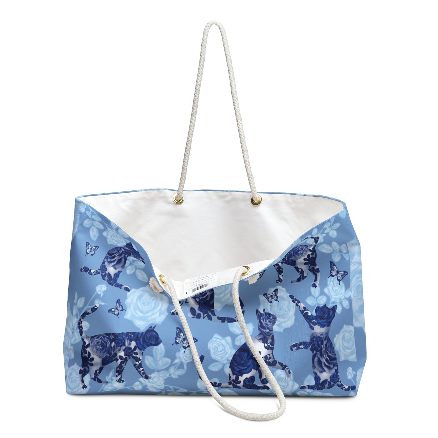 Floral Blue Cat Themed Weekender Tote Bag, With Print Of Cats, Roses & Butterflies.