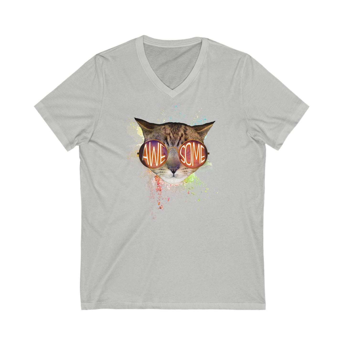 Heather Gray Awesome Cat V-Neck T-Shirt