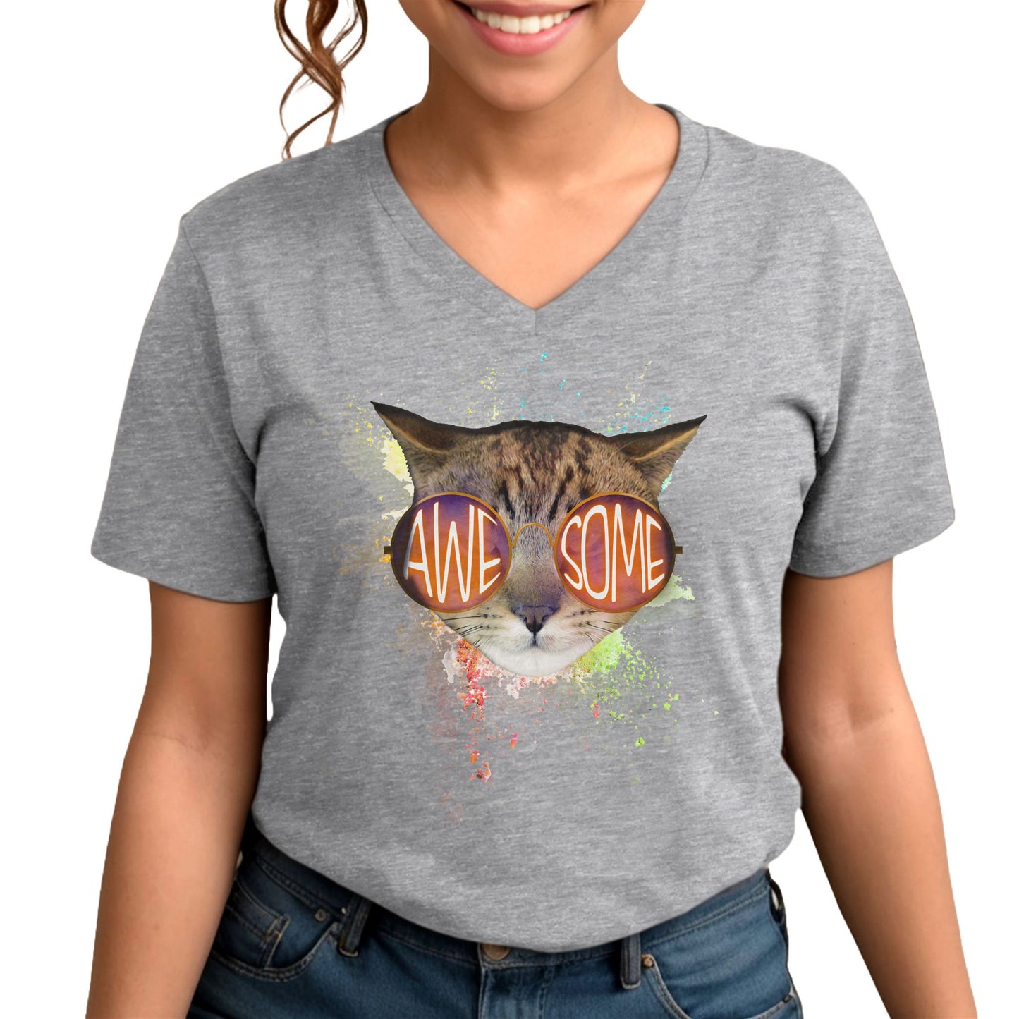 Heather Gray Awesome Cat V-Neck T-Shirt