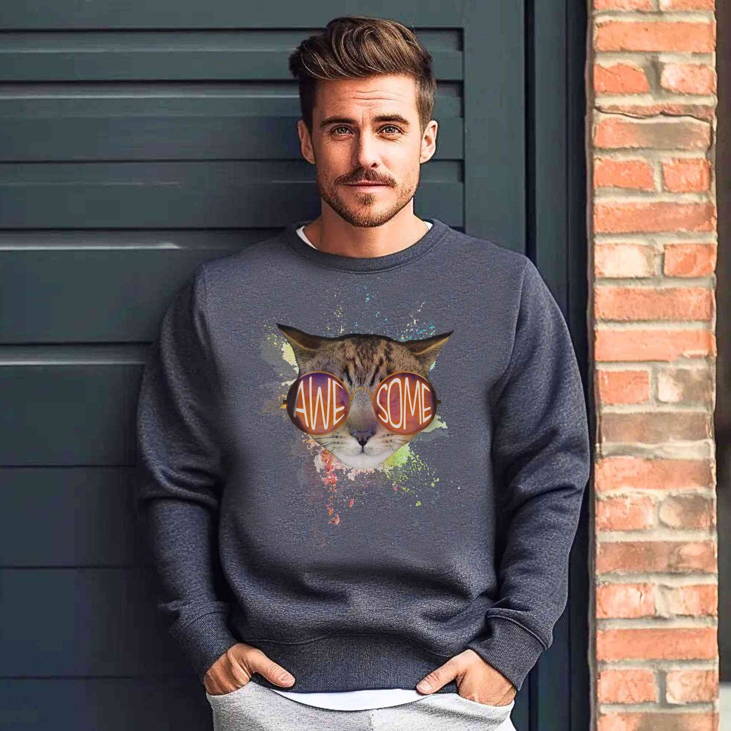 Dark Heather Awesome Crewneck Unisex Sweatshirt Cat Theme