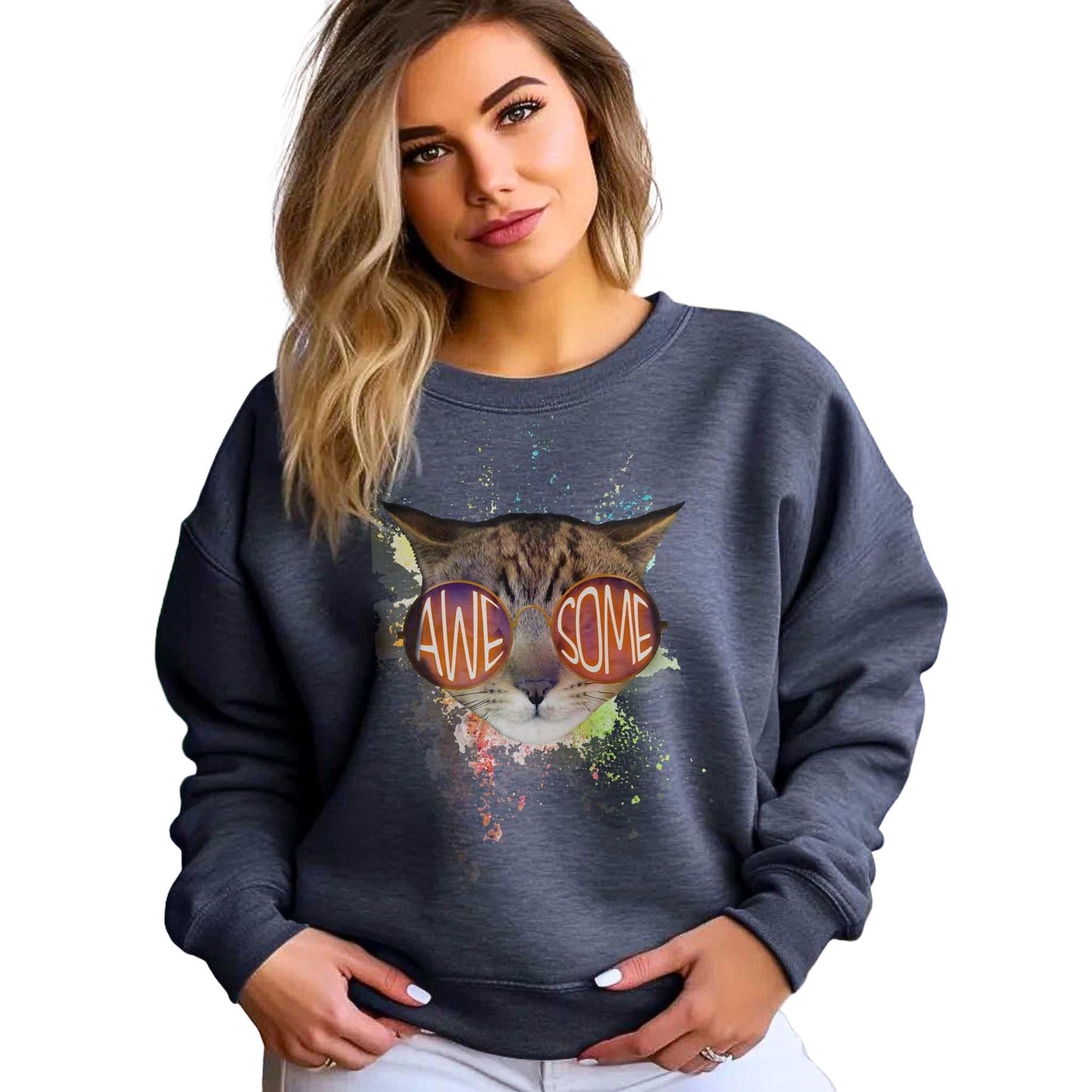 Dark Heather Awesome Crewneck Unisex Sweatshirt Cat Theme