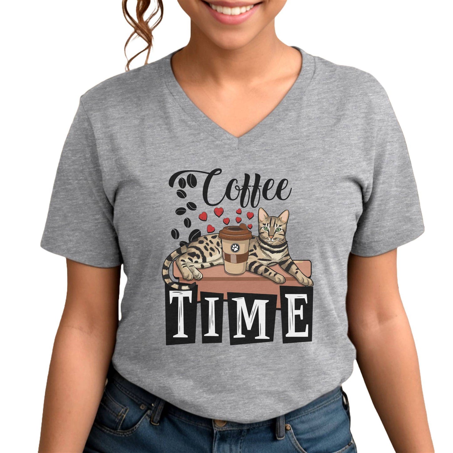 Heather Gray Coffee Beans & Love Hearts V-Neck Unisex T-Shirt Cat Themed