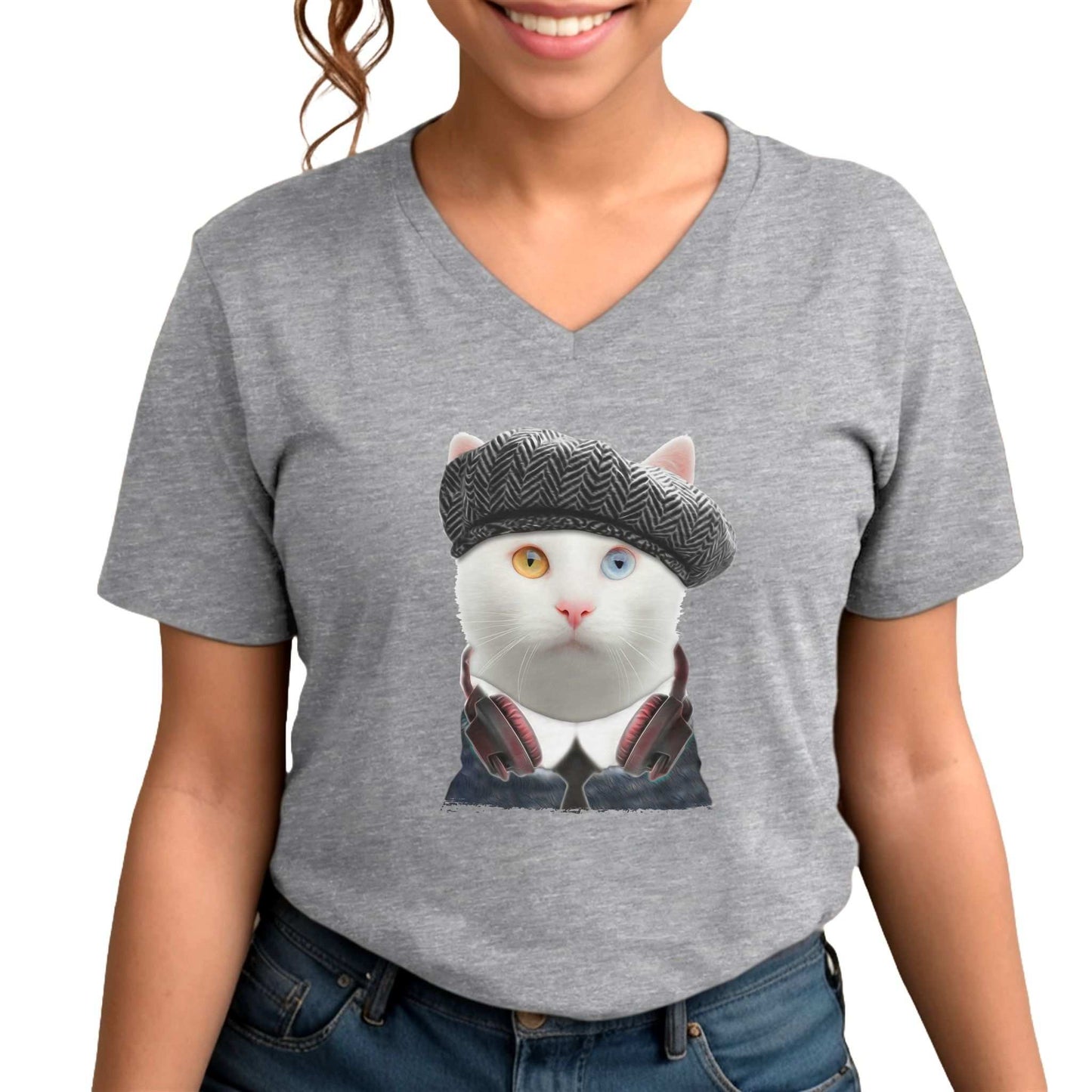 Heather Gray Headphones T-Shirt Unisex V-Neck Cat Theme