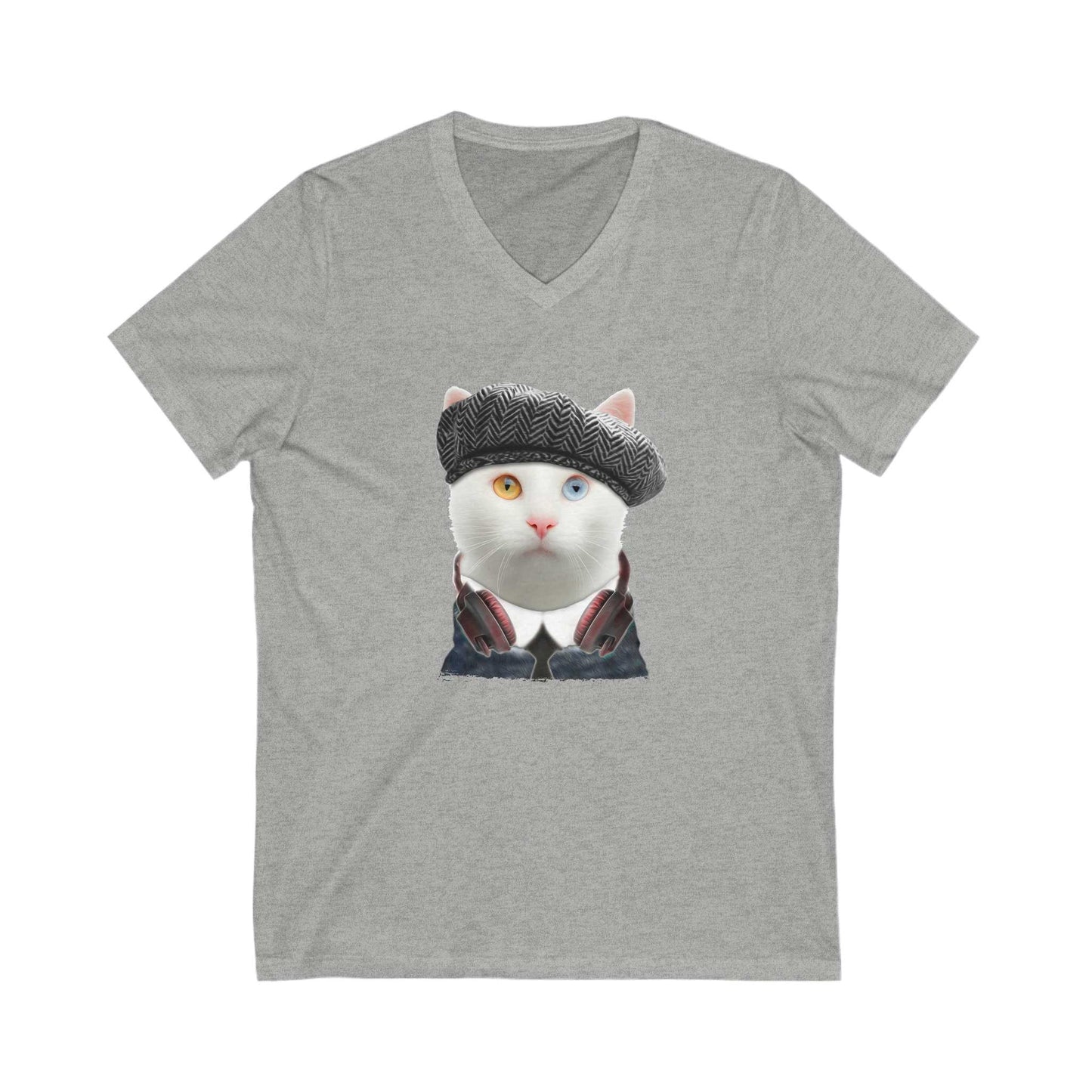 Heather Gray Headphones T-Shirt Unisex V-Neck Cat Theme