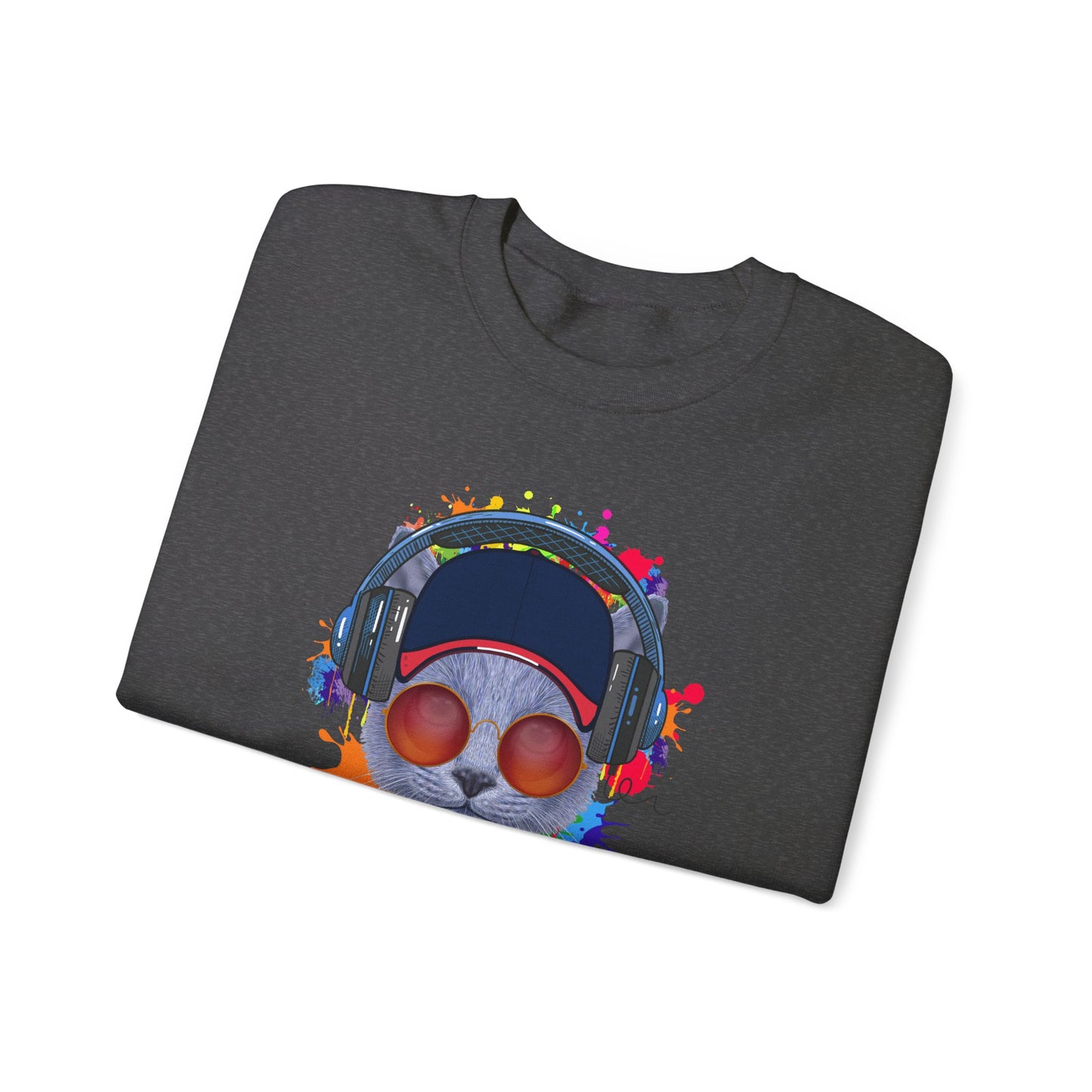 Dark Heather Lost In Music Cat Themed Crewneck Unisex Sweatshirt