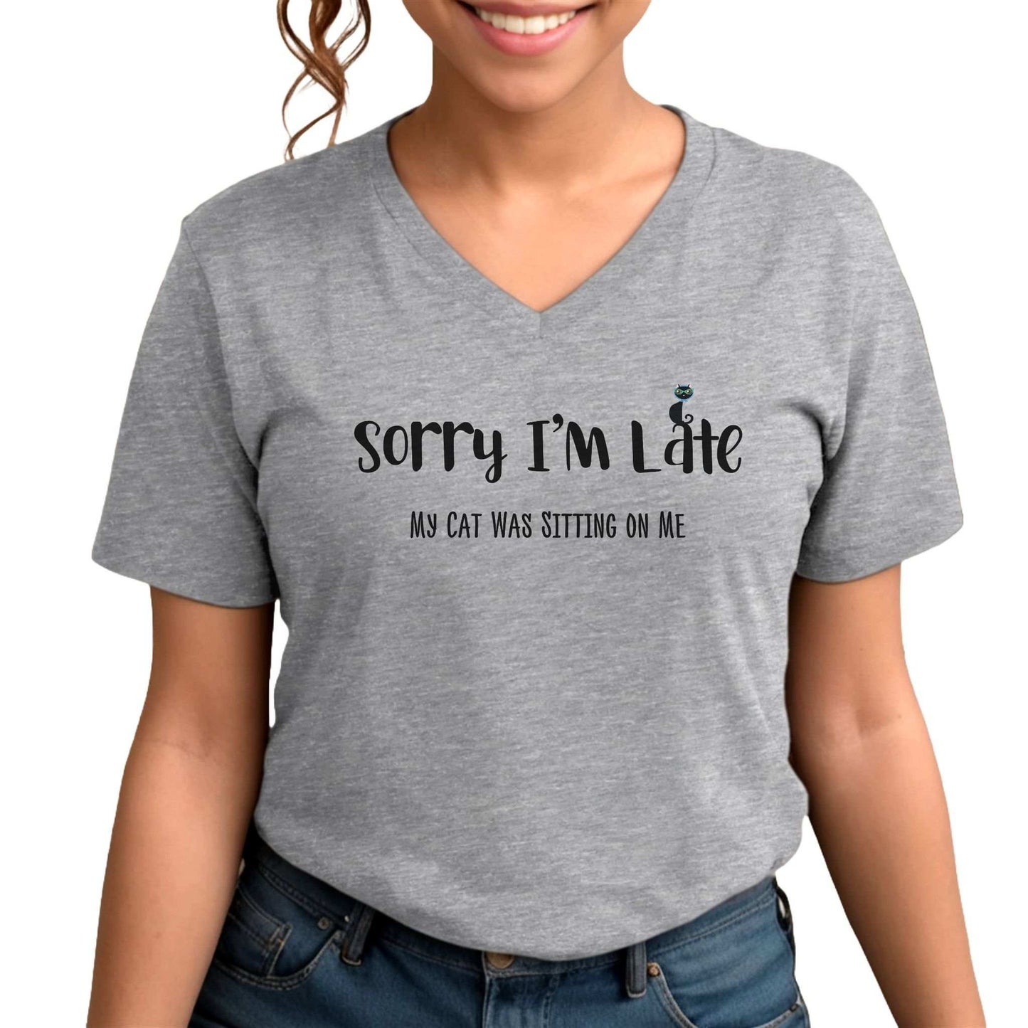 Heather Gray My Cat Was Sitting n Me T-Shirt V-Neck Unisex