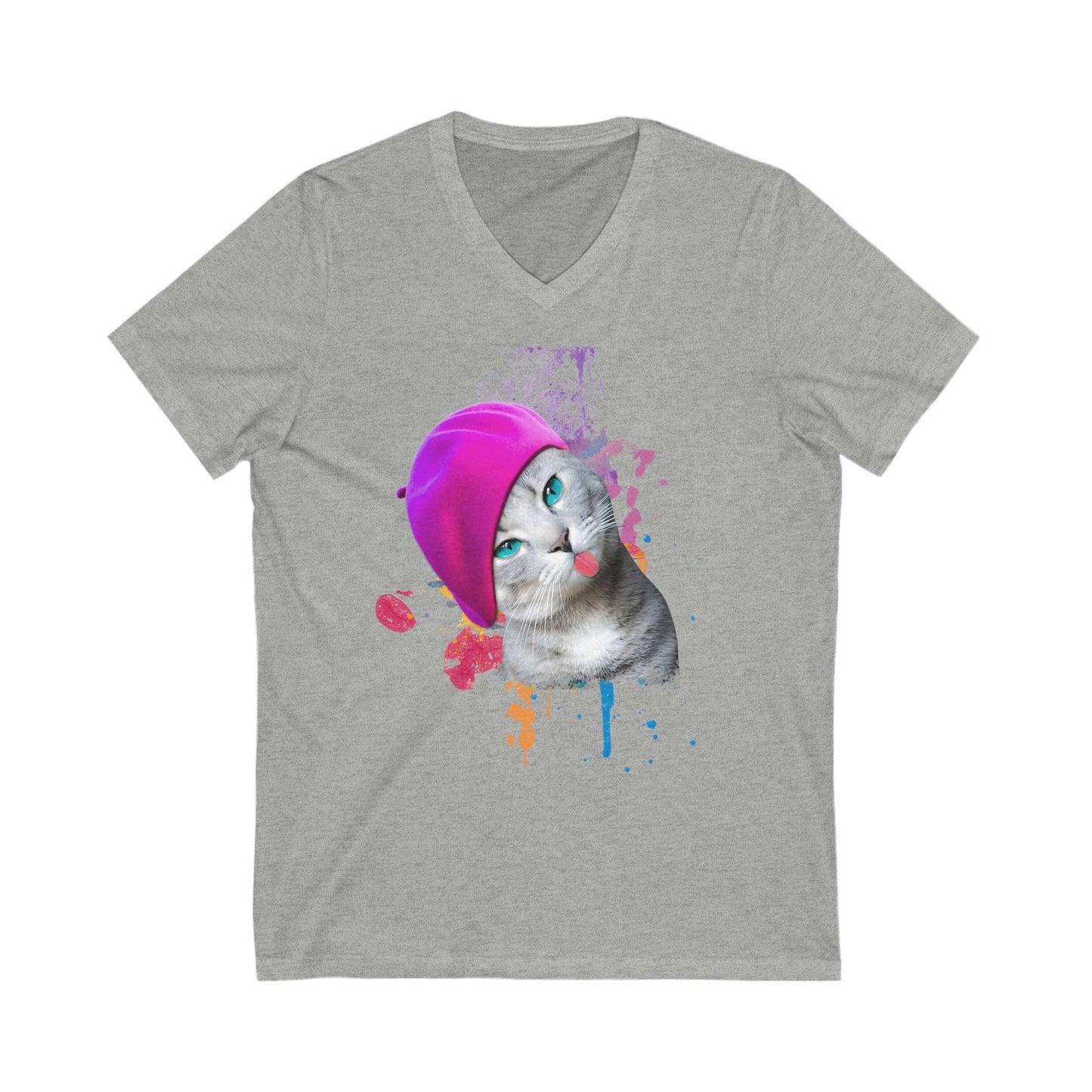 Heather Gray Beret Girl Cat V-Neck T-Shirt