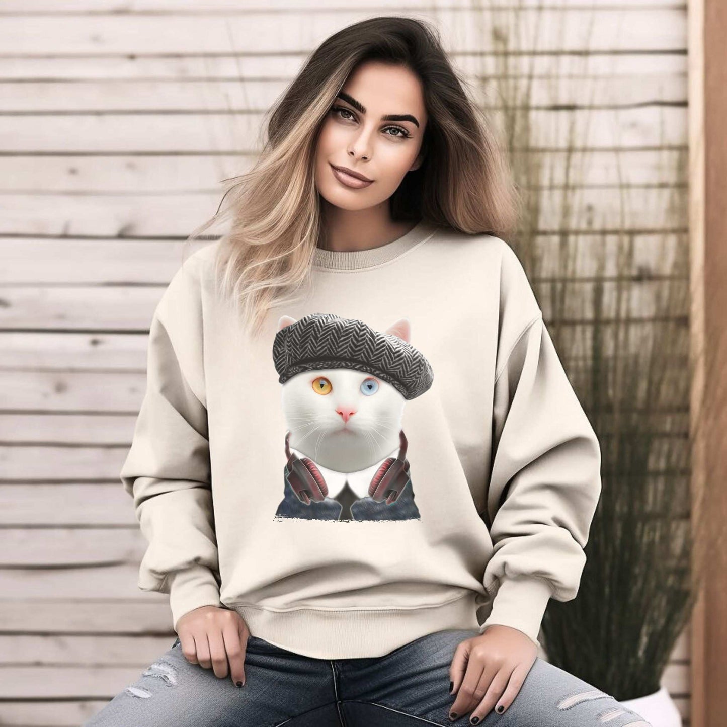 Sand Headphones Crewneck Cat Themed Unisex Sweatshirt
