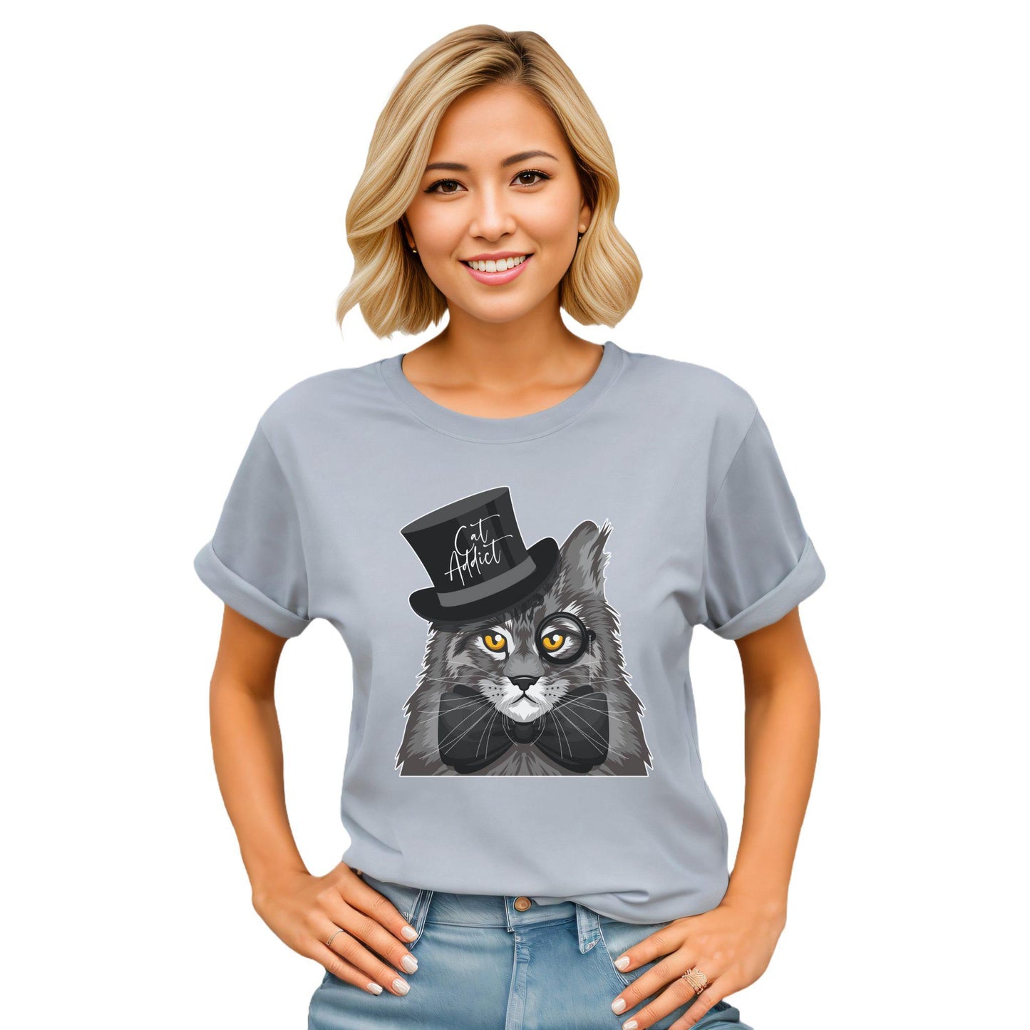 Light Blue Cat Addict T-Shirt Unisex Crew Neck