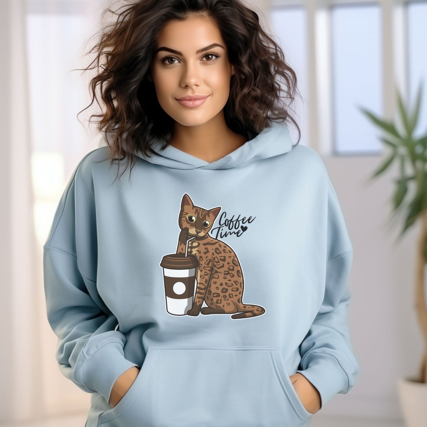 Pale Blue Drinking Cat Hooded Sweatshirt Unisex
