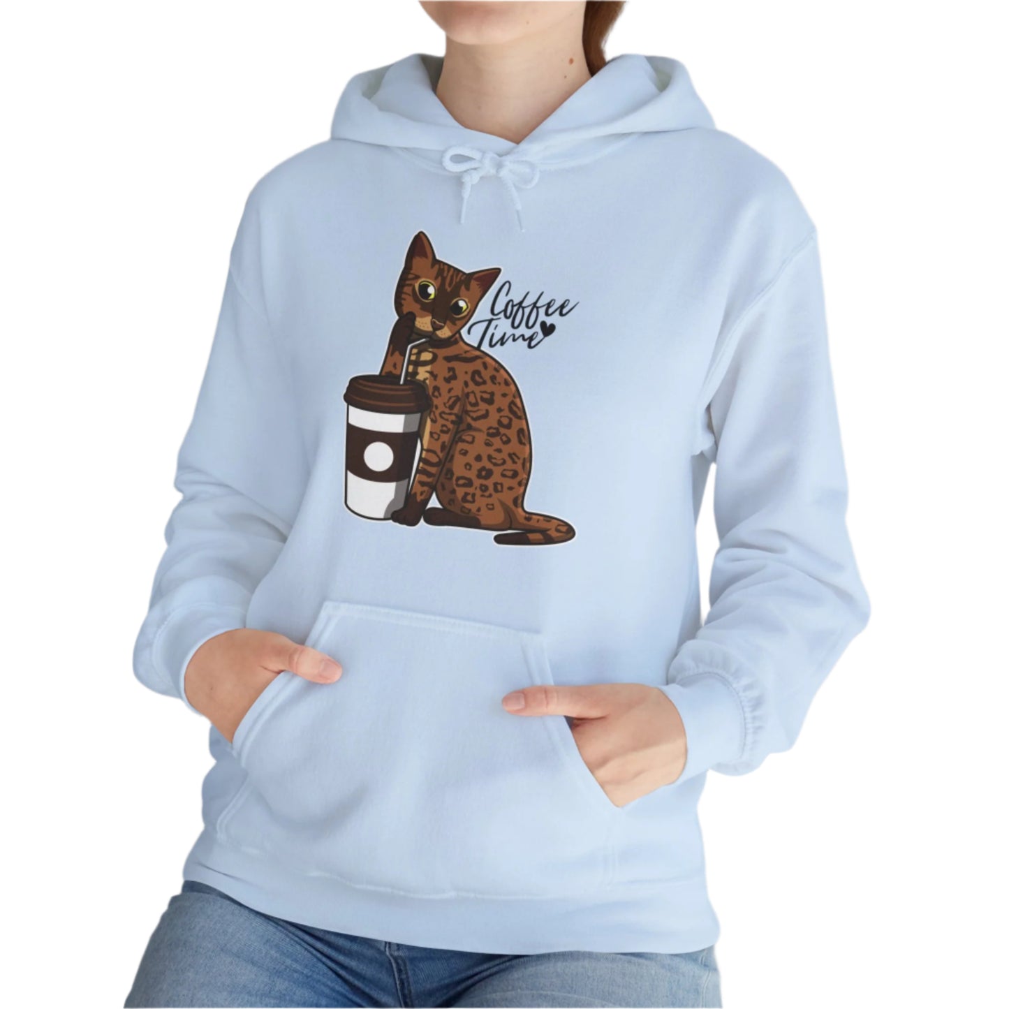 Pale Blue Drinking Cat Hooded Sweatshirt Unisex