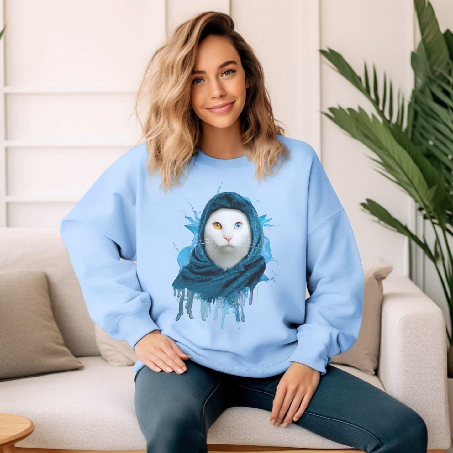 Pale Blue Headscarf Cat Themed Crewneck Unisex Sweatshirt