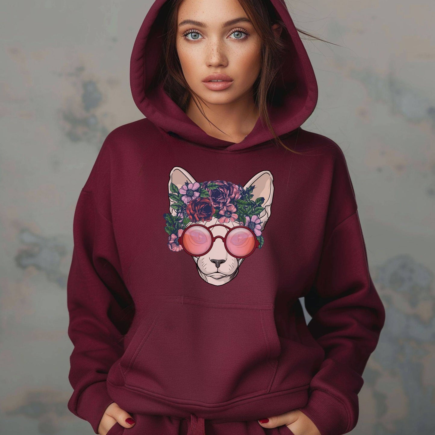 Maroon Flower Sphynx Cat Hooded Sweatshirt Unisex