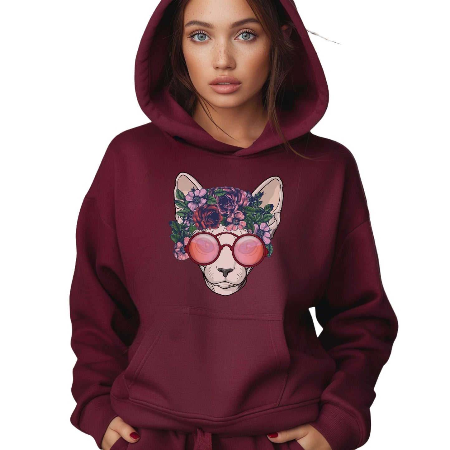 Maroon Flower Sphynx Cat Hooded Sweatshirt Unisex