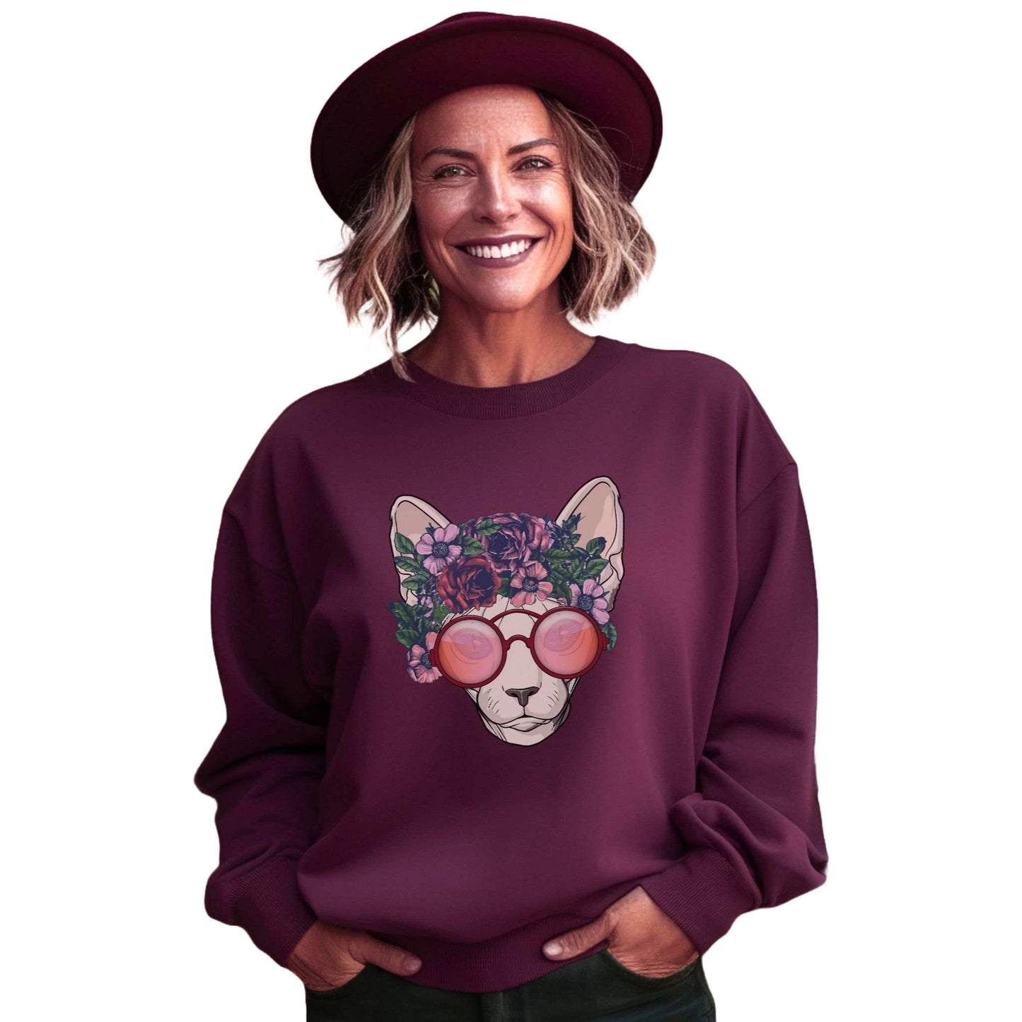 Maroon Flower Sphynx Cat Themed Crewneck Unisex Sweatshirt