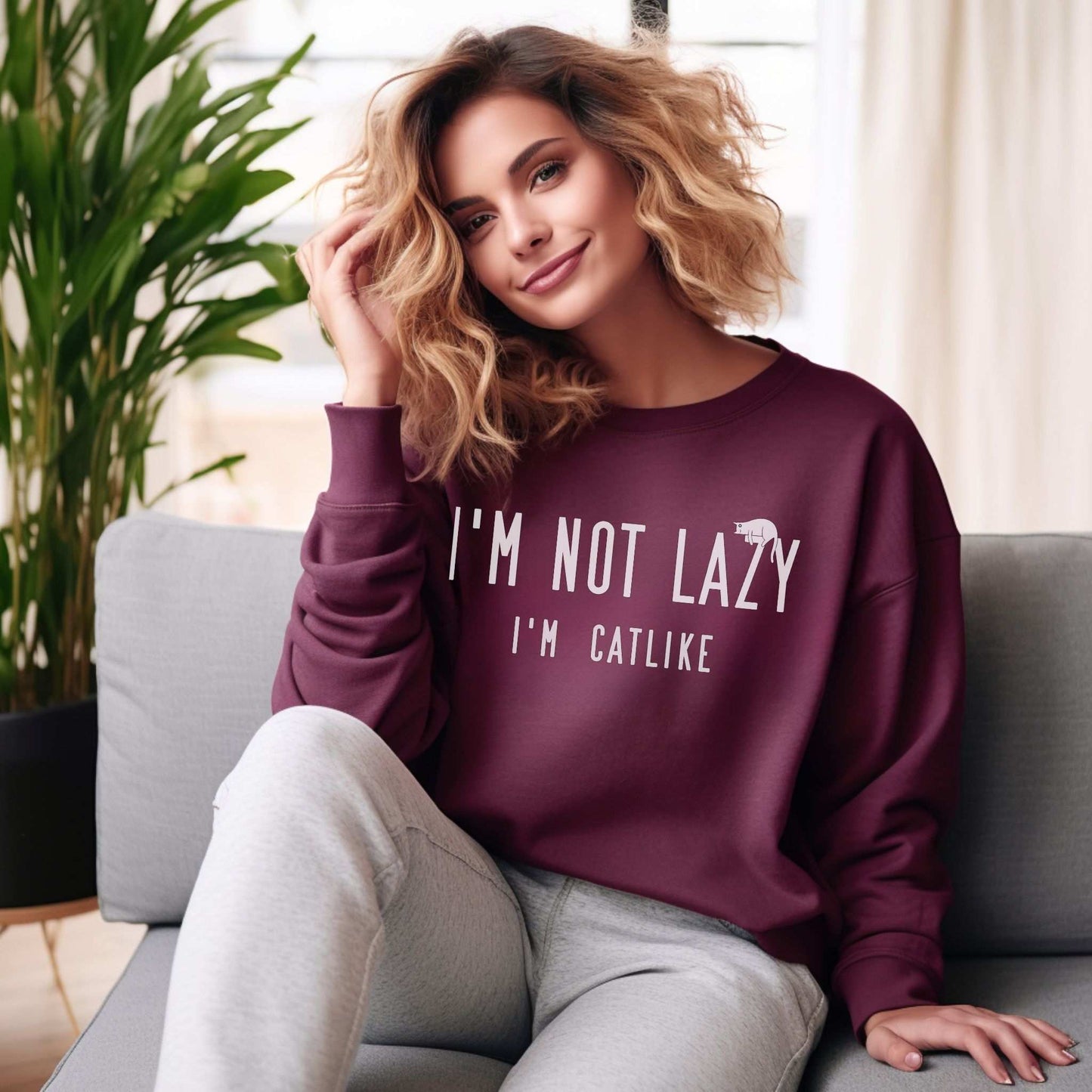 Maroon Not Lazy Crewneck Unisex Cat Themed Sweatshirt