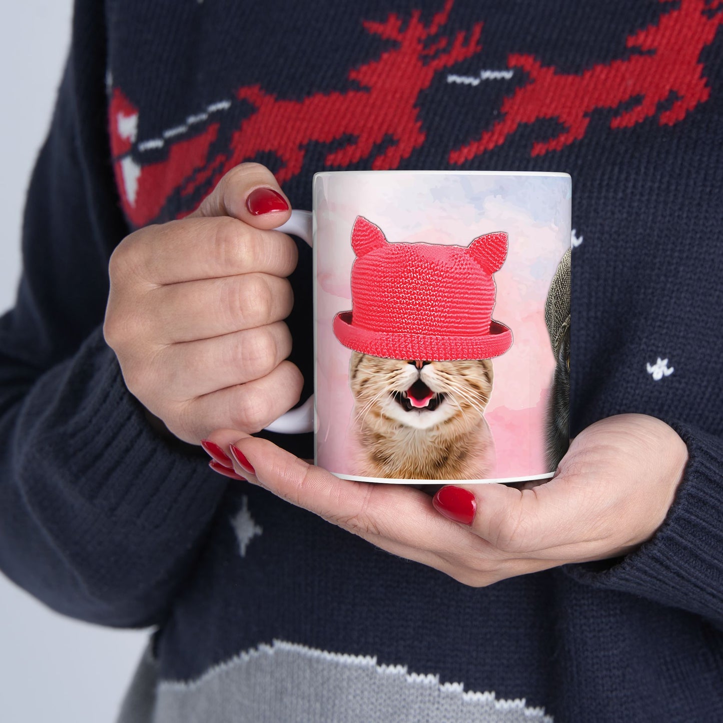 Mug with three cats wearing hats design