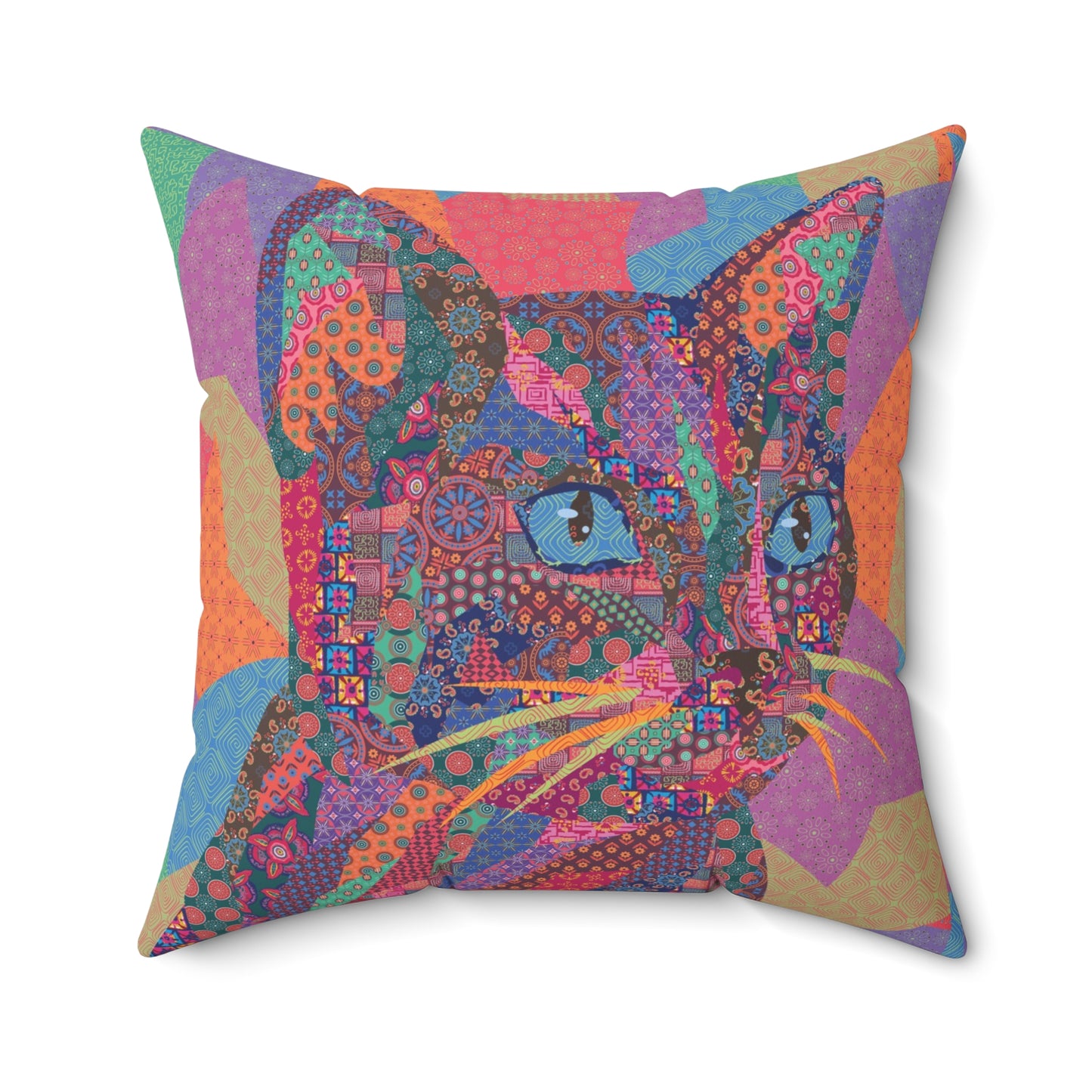 Multi colored throw pillow with a geometric cat design