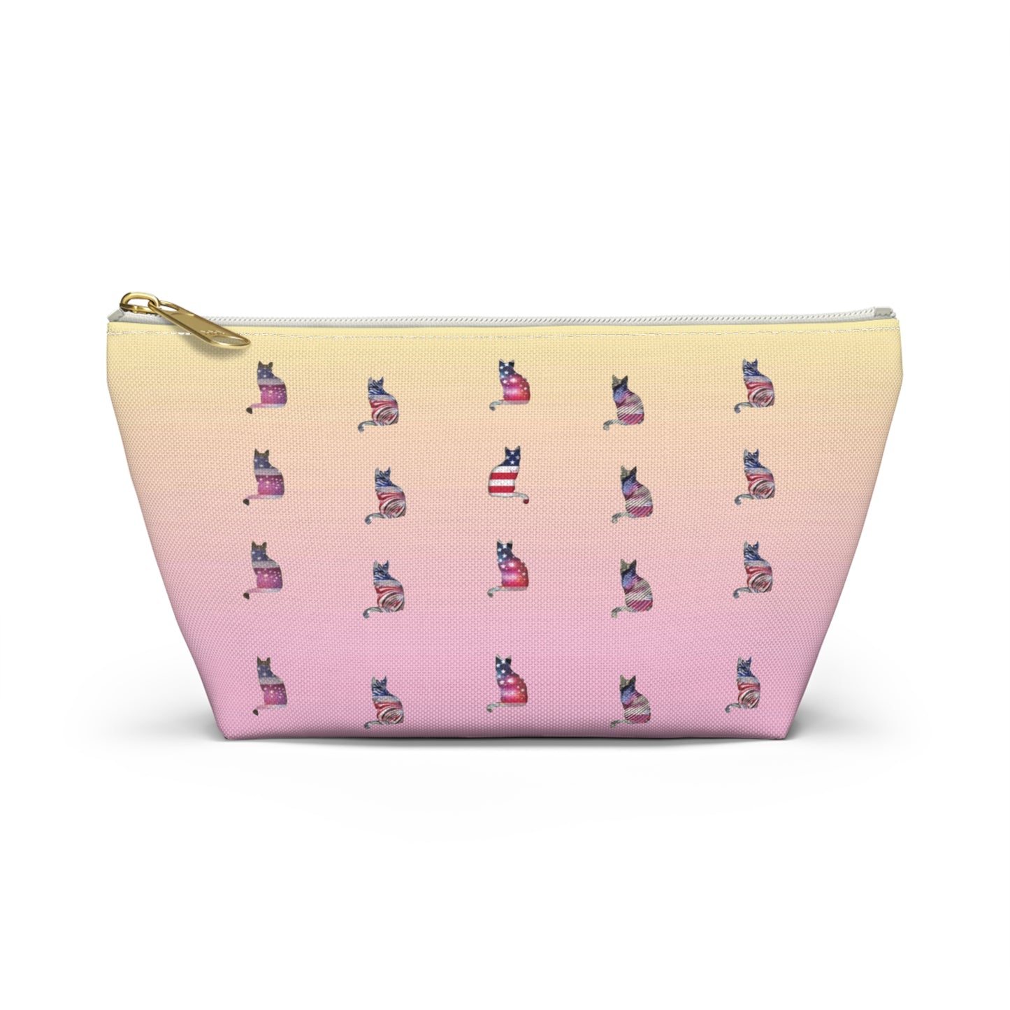 Pink and yellow cosmetic, makeup, toiletries and travel essentials accessory bag with 'LOVE' text design featuring cat silhouette pattern in colors of the American flag.