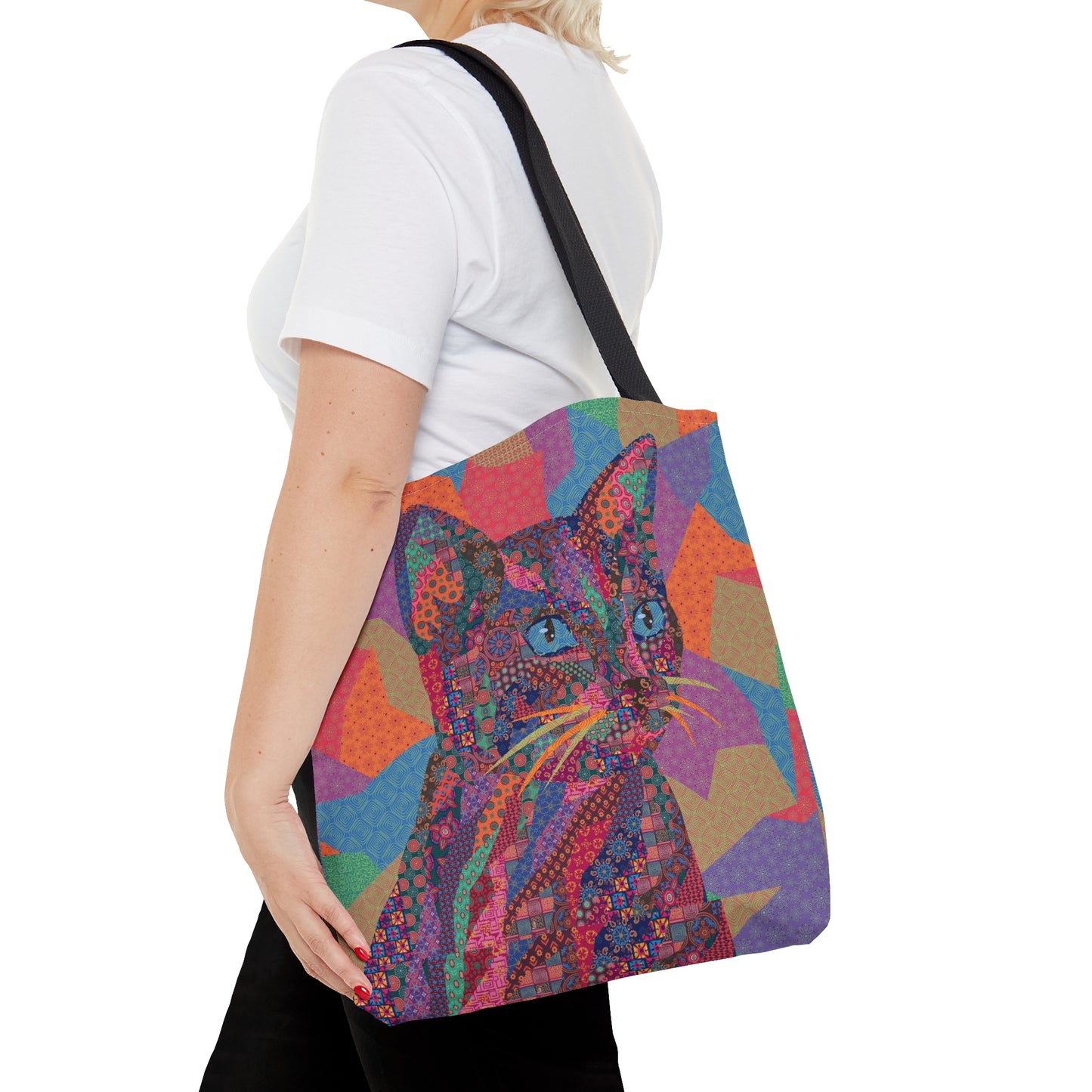 Multicolor tote bag with cat illustration