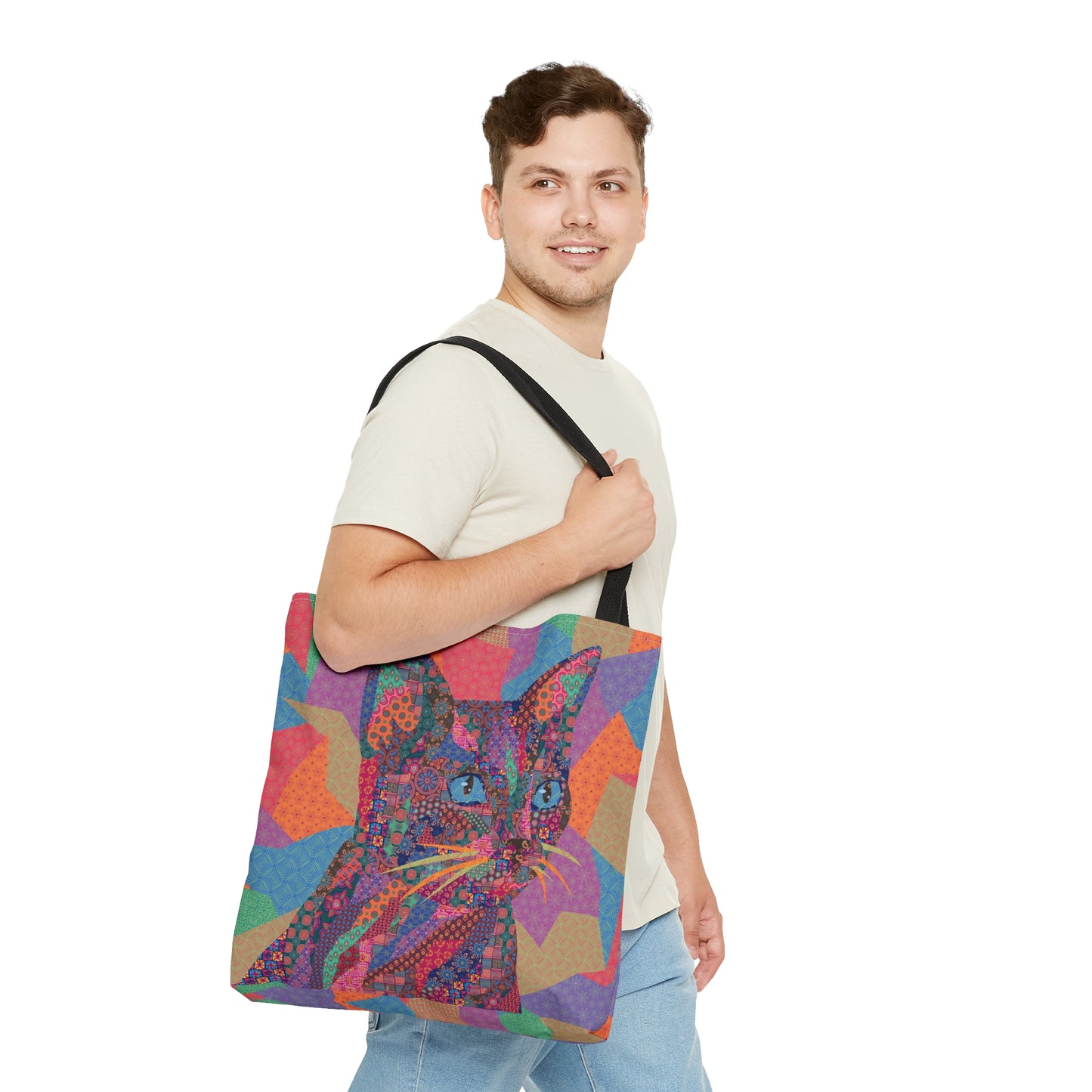 Multicolor tote bag with cat illustration
