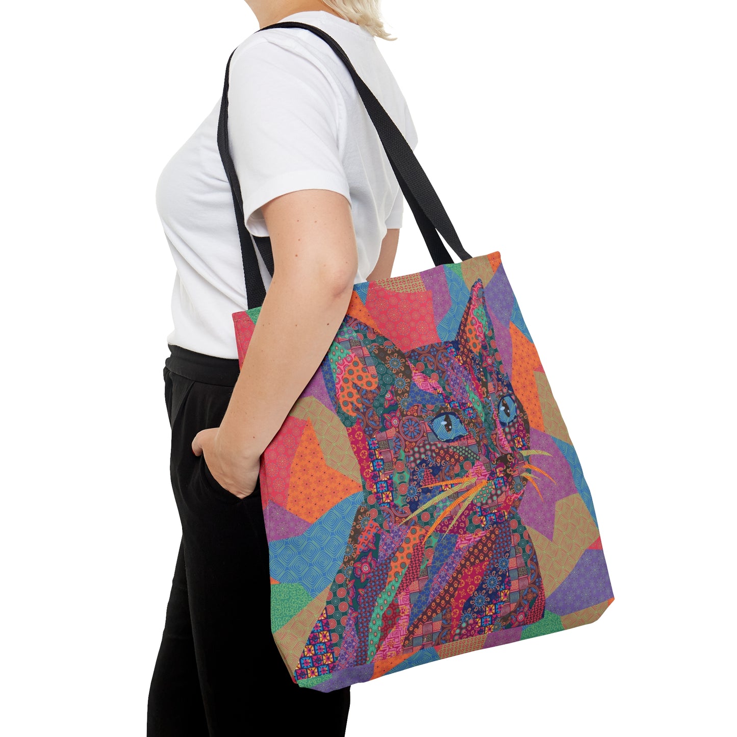 Multicolor tote bag with cat illustration