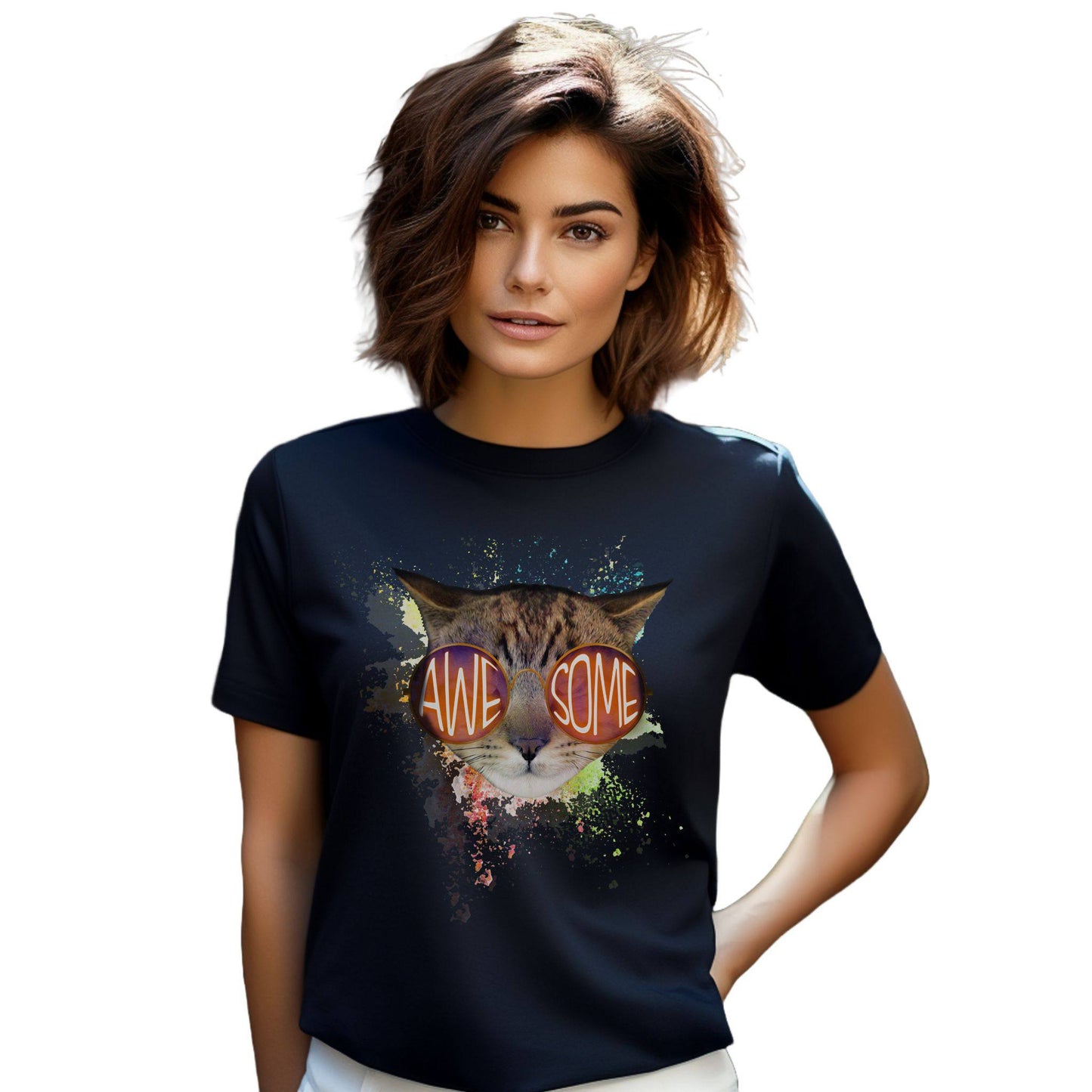 Navy Awesome Cat T-Shirt Crew Neck Unisex